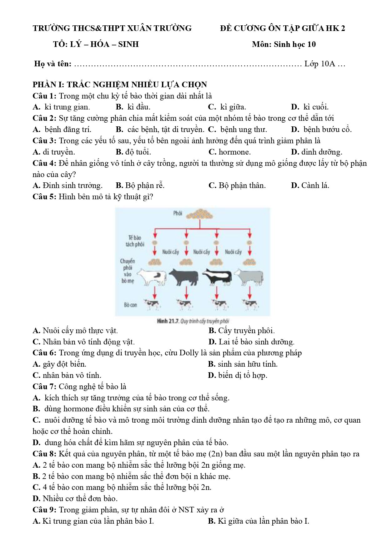 Đề cương ôn tập Giữa kì 2 Sinh học 10 năm 2025–2026 trường THCS-THPT Xuân Trường (Đà Lạt)
