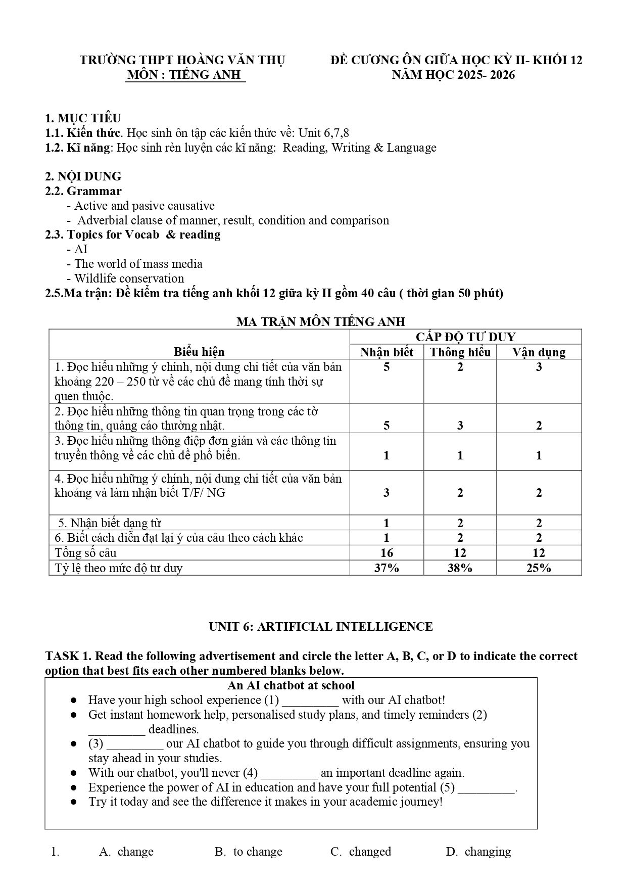 Đề cương ôn tập Giữa kì 2 Tiếng Anh 12 năm 2025–2026 trường THPT Hoàng Văn Thụ (Hà Nội)