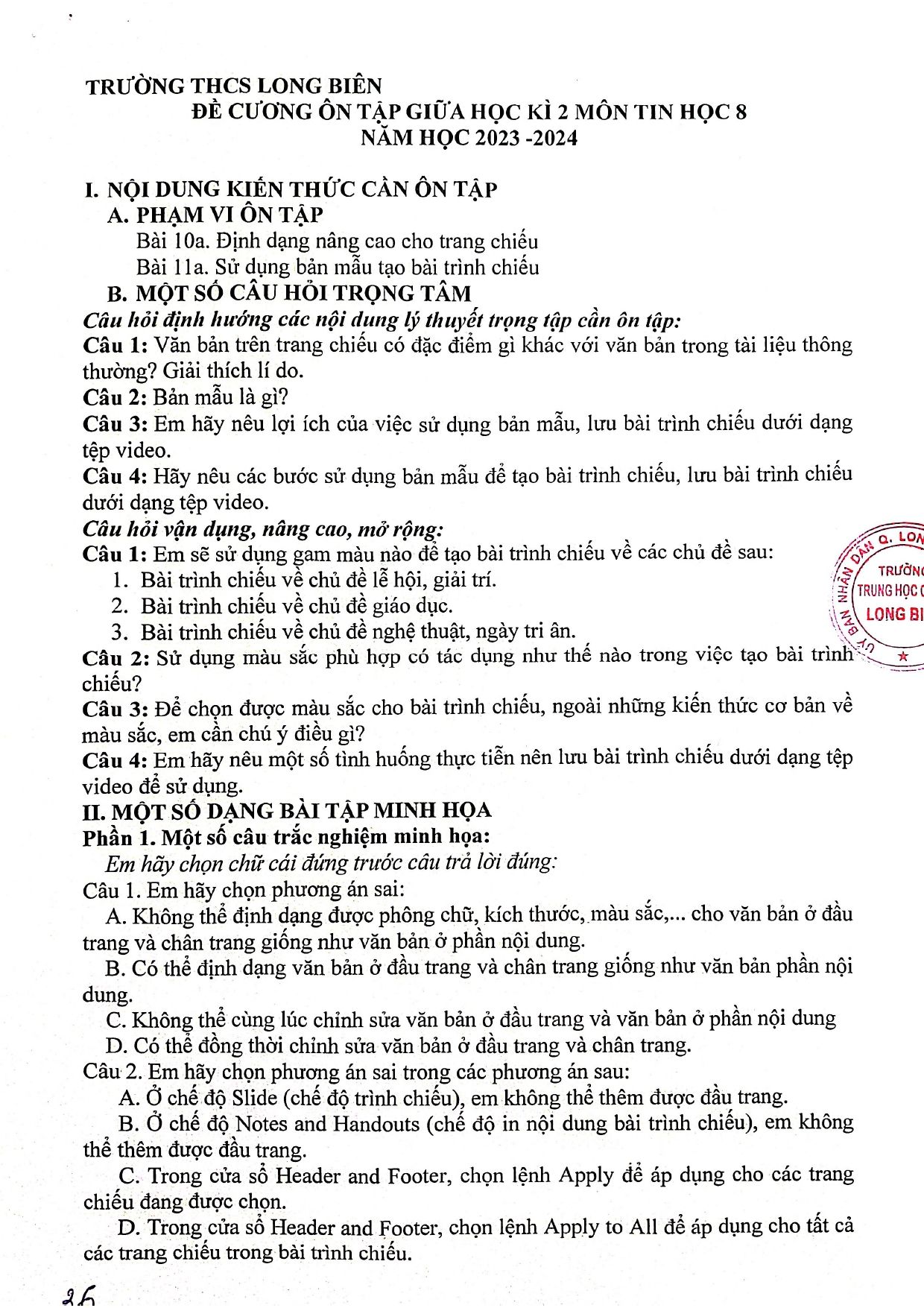 Đề cương ôn tập Giữa kì 2 Tin học 8 năm 2023–2024 trường THCS Long Biên (Hà Nội)