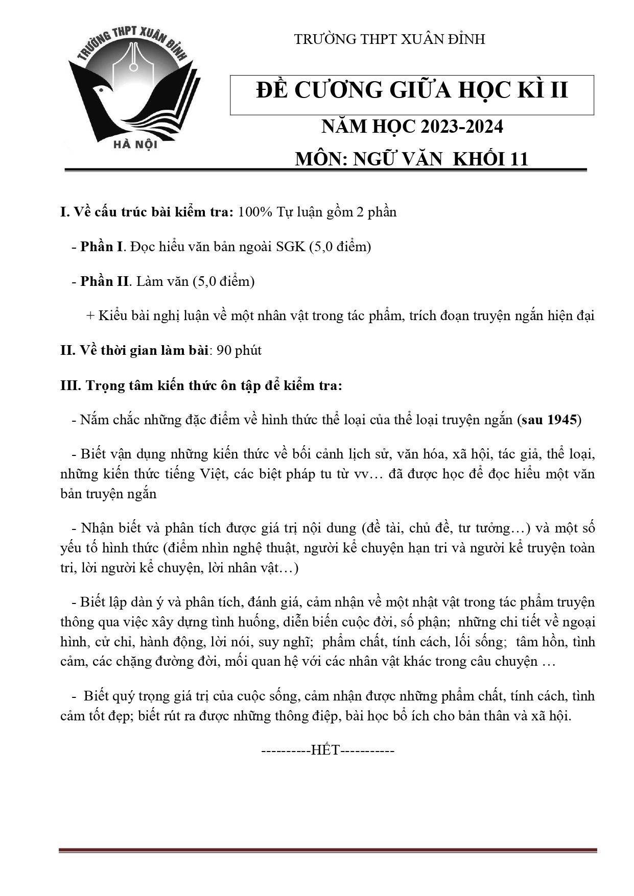 Đề cương ôn tập Giữa kì 2 Ngữ văn 11 năm 2023–2024 trường THPT Xuân Đỉnh (Hà Nội)