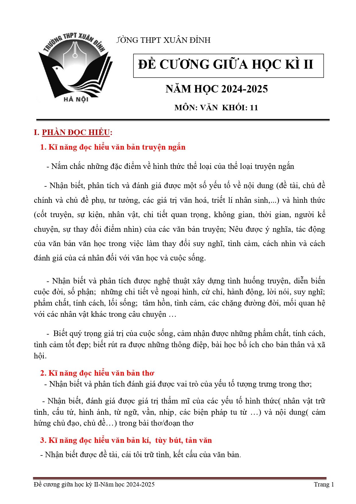 Đề cương ôn tập Giữa kì 2 Ngữ văn 11 năm 2024–2025 trường THPT Xuân Đỉnh (Hà Nội)