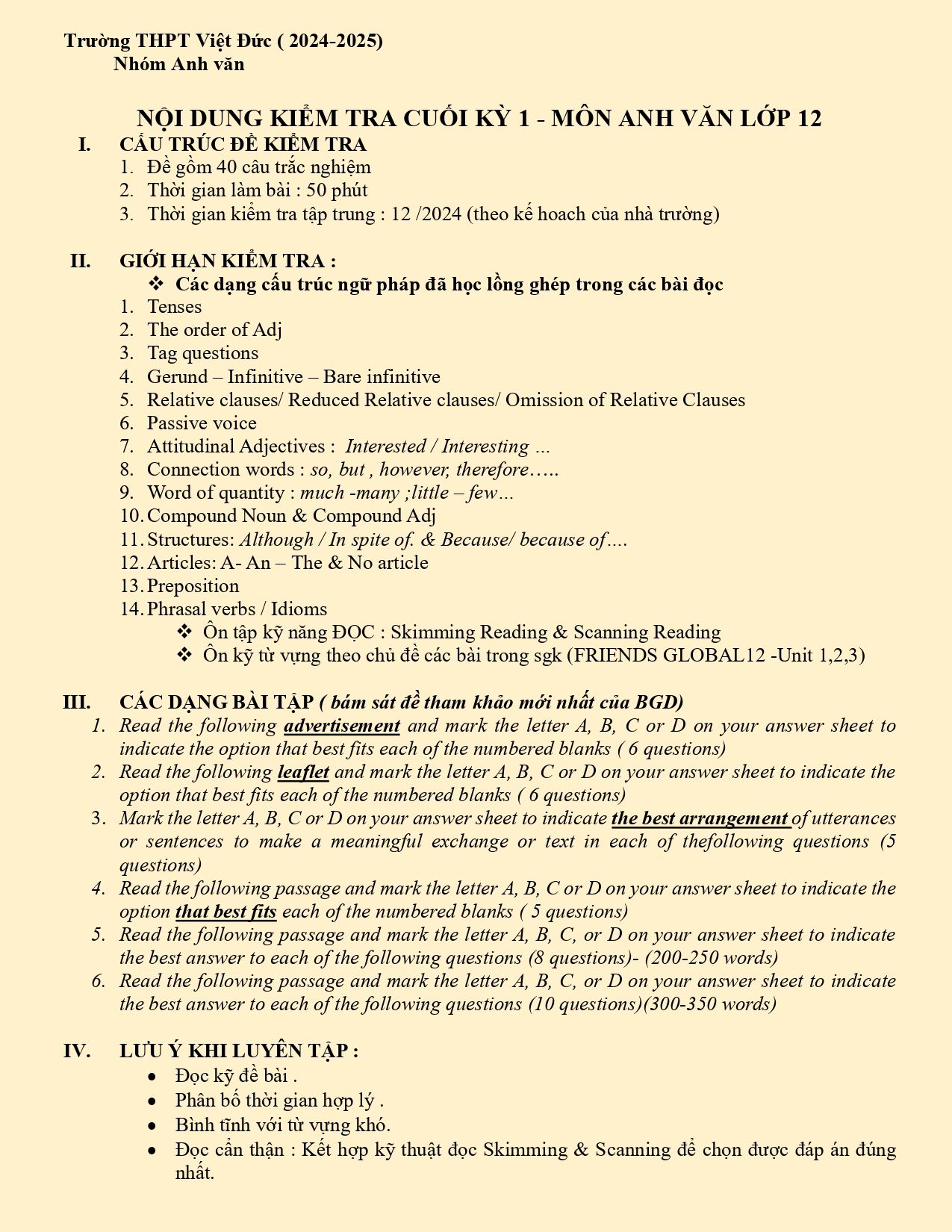 Đề cương ôn tập Học kì 1 Tiếng Anh 12 năm 2024–2025 trường THPT Việt Đức (Hà Nội)