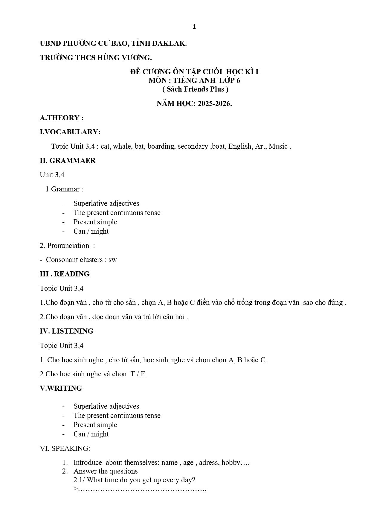Đề cương ôn tập Học kì 1 Tiếng Anh 6 năm 2025–2026 trường THCS Hùng Vương (Đắk Lắk)