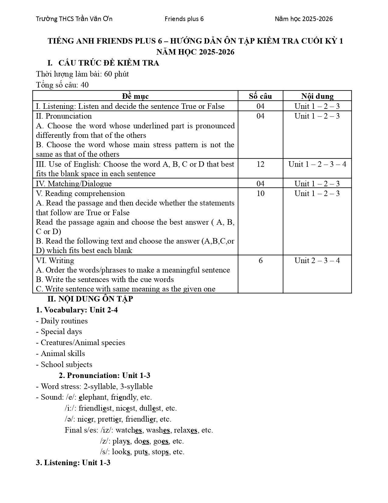 Đề cương ôn tập Học kì 1 Tiếng Anh 6 năm 2025–2026 trường THCS Trần Văn Ơn (TP Hồ Chí Minh)