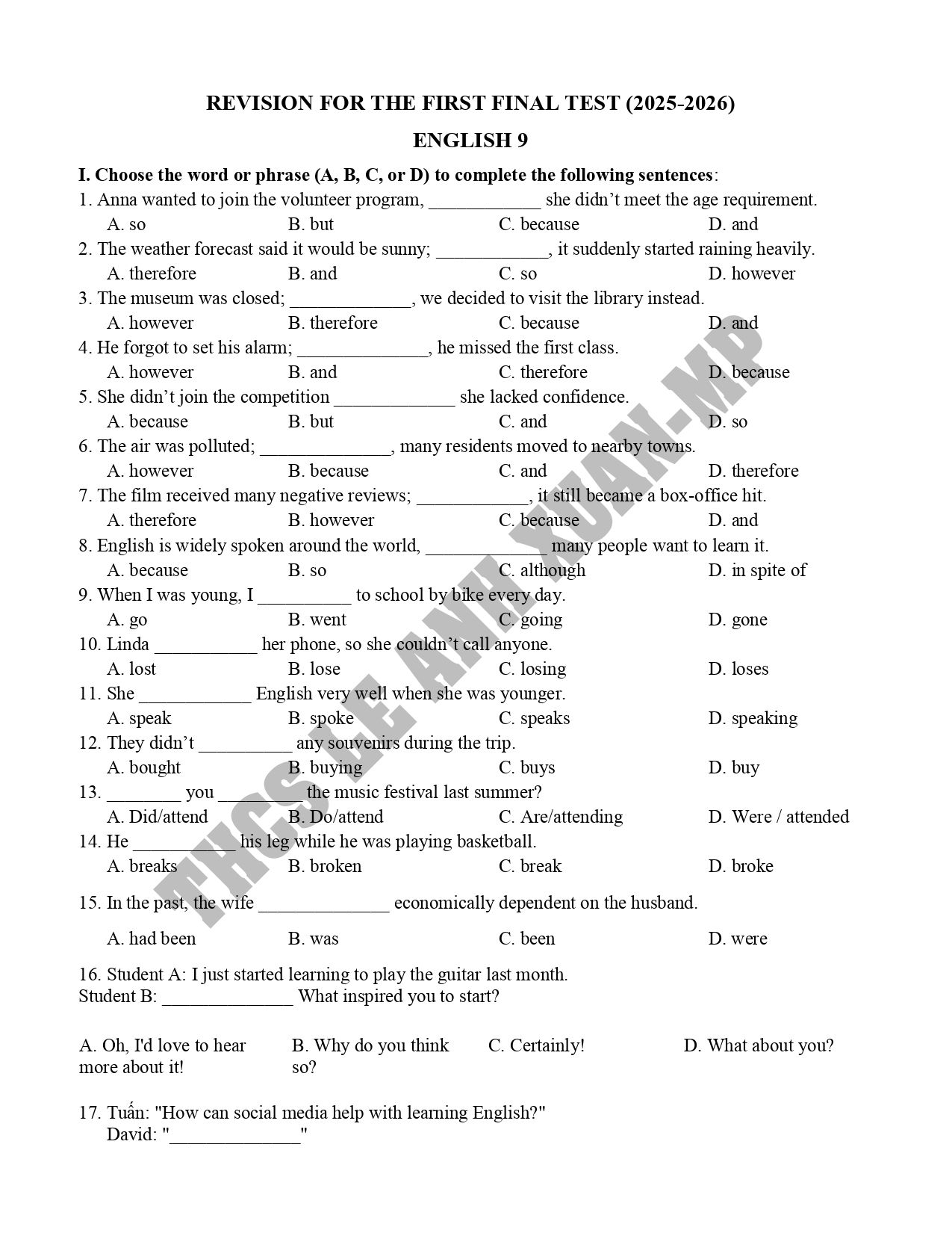 Đề cương ôn tập Học kì 1 Tiếng Anh 9 năm 2025–2026 trường THCS Lê Anh Xuân (TP Hồ Chí Minh)
