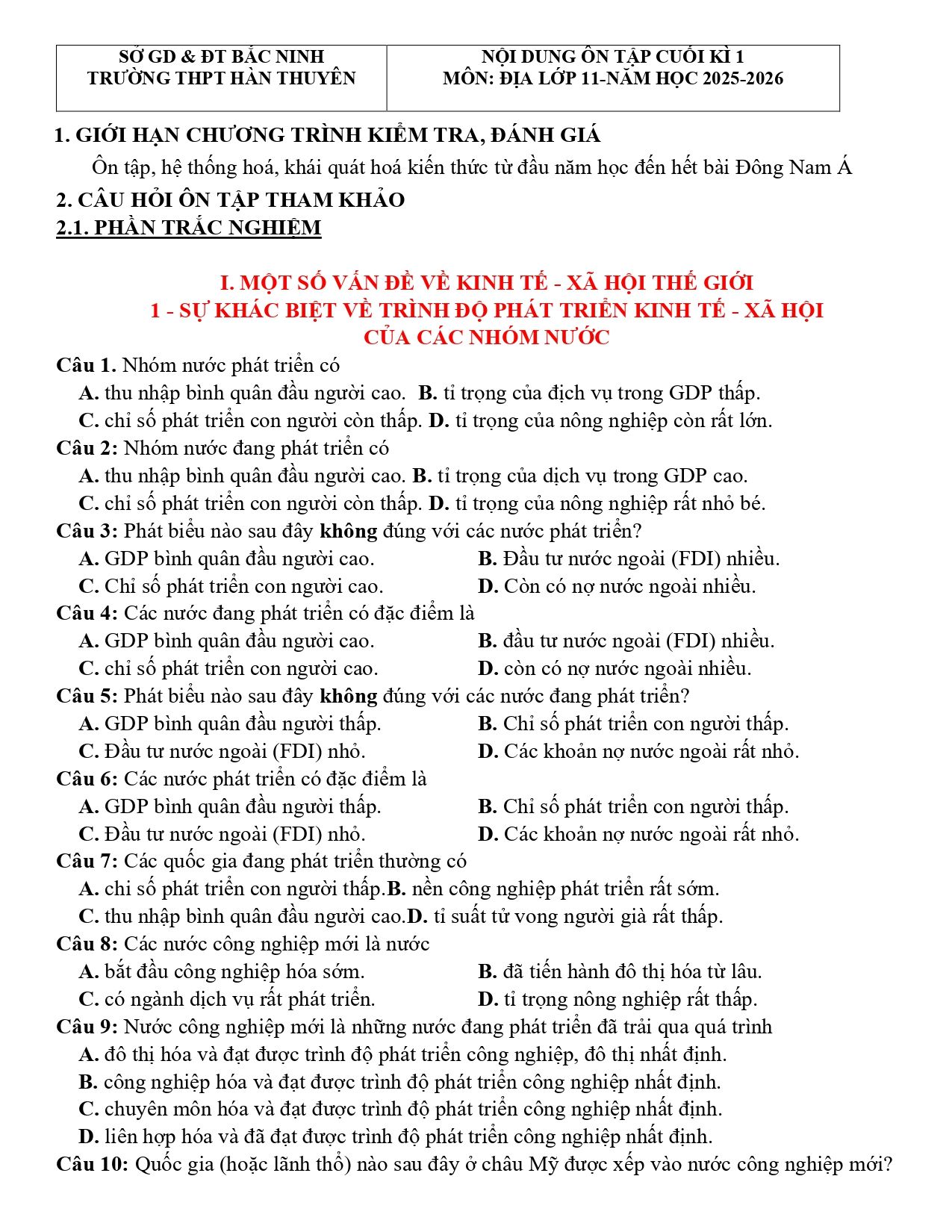 Đề cương ôn tập Học kì 1 Địa lí 11 năm 2025–2026 trường THPT Hàn Thuyên (Bắc Ninh)