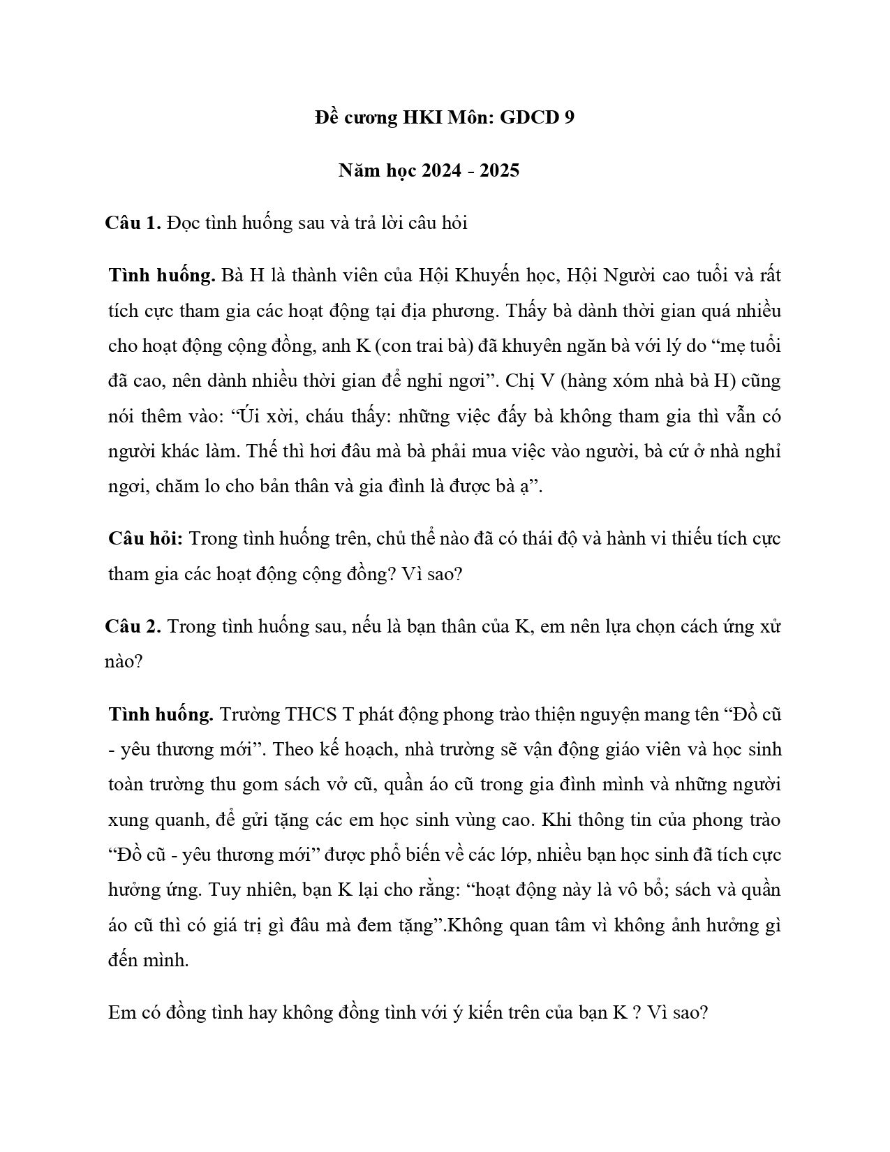 Đề cương ôn tập Học kì 1 GDCD 9 năm 2024–2025 trường THCS Dương Văn Mạnh (Bà Rịa Vũng Tàu)