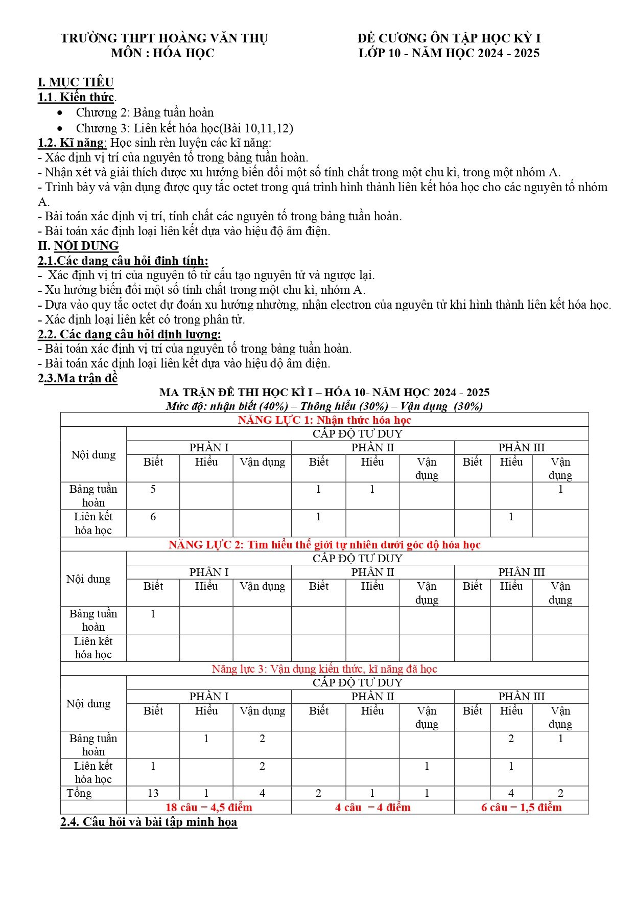 Đề cương ôn tập Học kì 1 Hóa học 10 năm 2024–2025 trường THPT Hoàng Văn Thụ (Hà Nội)