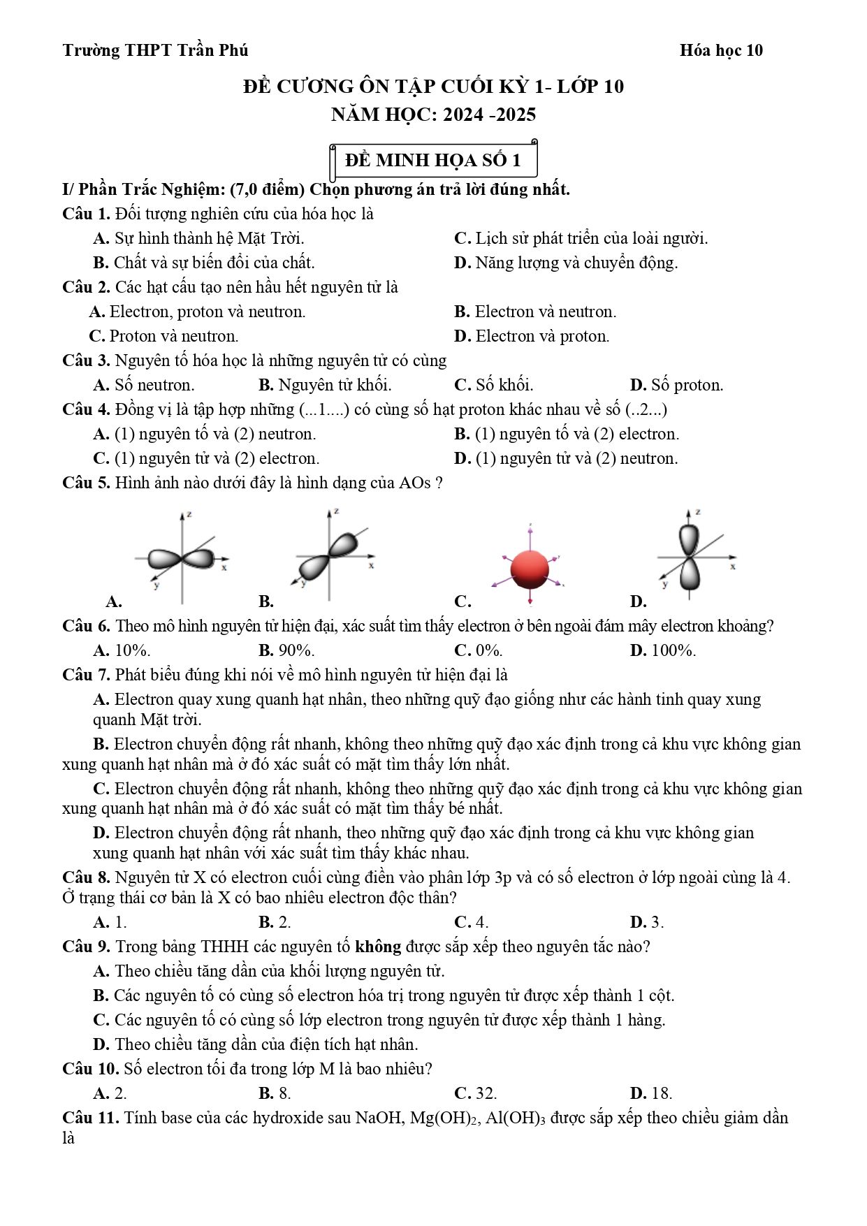 Đề cương ôn tập Học kì 1 Hóa học 10 năm 2024–2025 trường THPT Trần Phú (Đà Nẵng)
