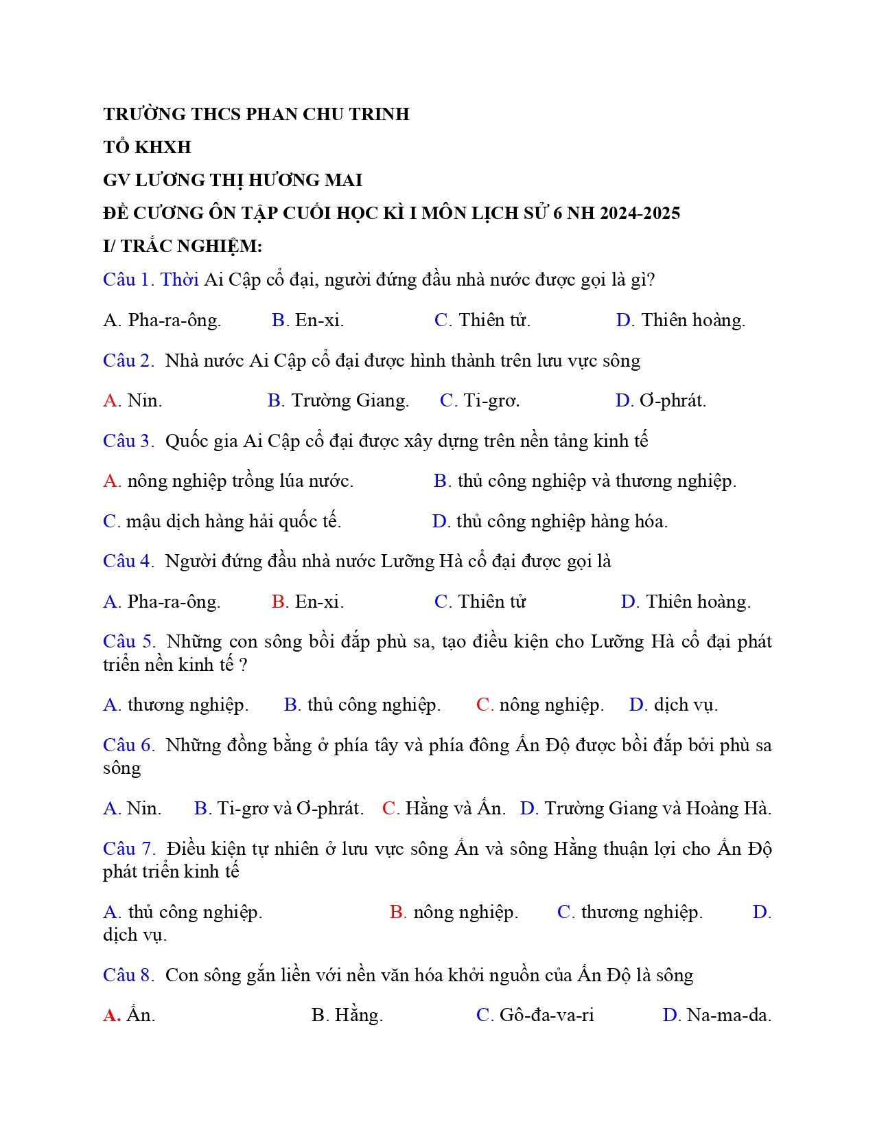 Đề cương ôn tập Học kì 1 Lịch sử và Địa lí 6 năm 2024–2025 trường THCS Phan Chu Trinh (Lâm Đồng)