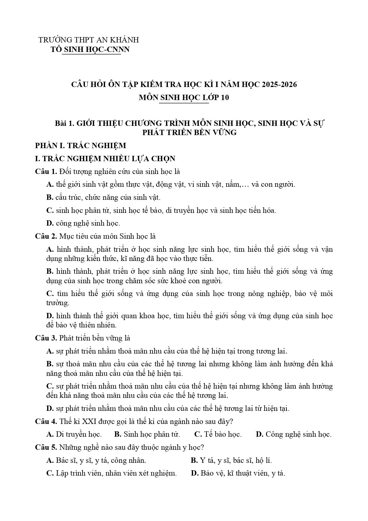 Đề cương ôn tập Học kì 1 Sinh học 10 năm 2025–2026 trường THPT An Khánh (Cần Thơ)