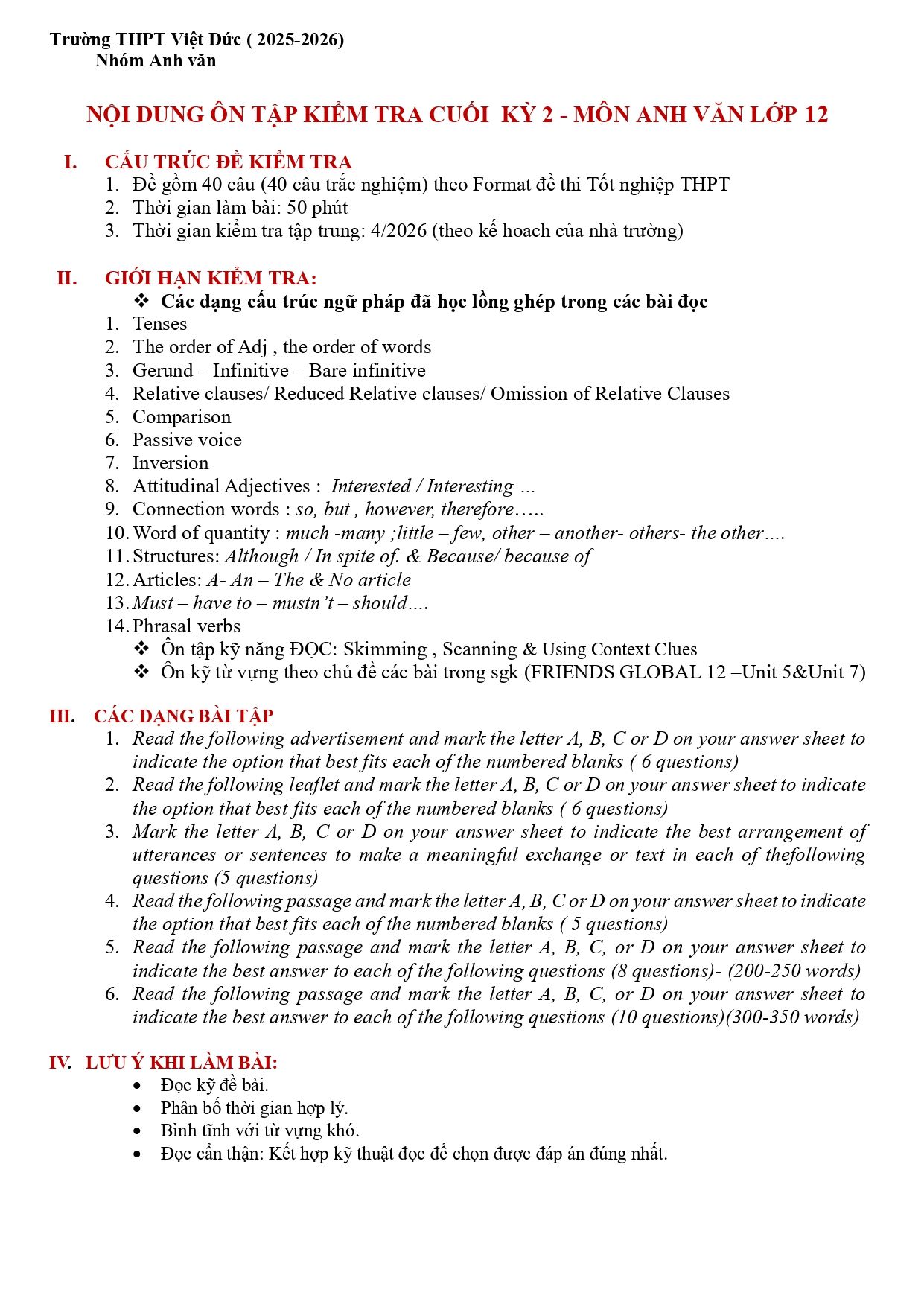 Đề cương ôn tập Học kì 2 Tiếng Anh 12 năm 2025–2026 trường THPT Việt Đức (Hà Nội)