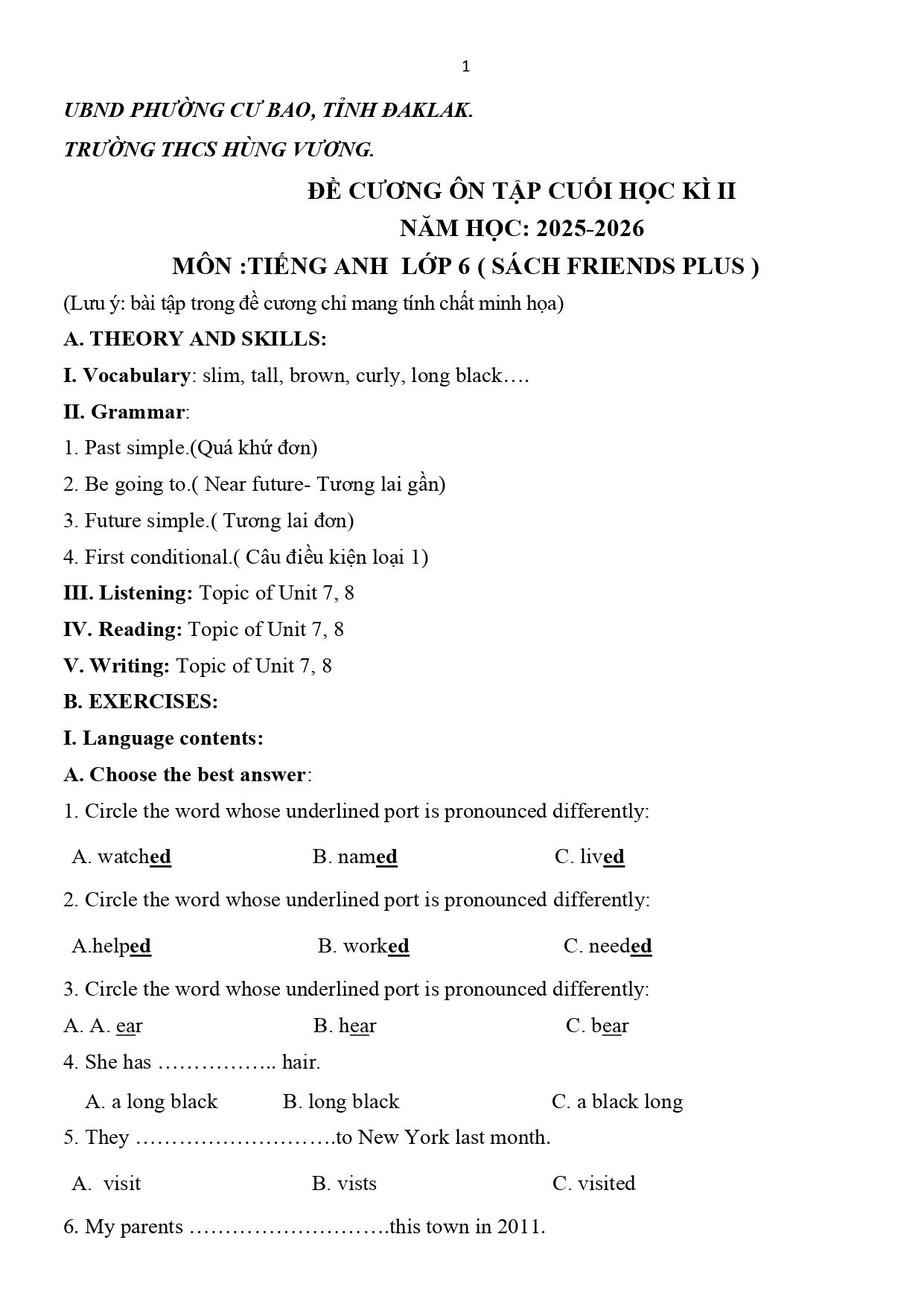 Đề cương ôn tập Học kì 2 Tiếng Anh 6 năm 2025–2026 trường THCS Hùng Vương (Đắk Lắk)