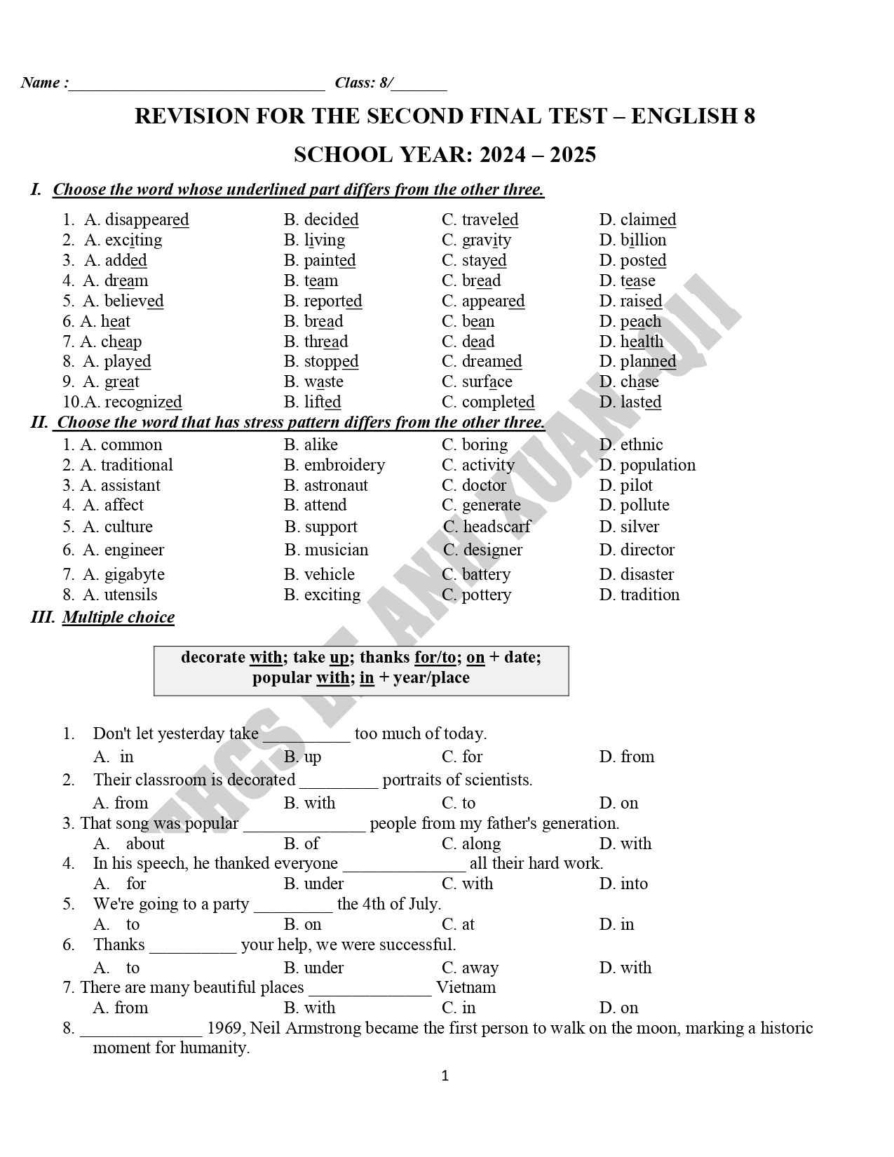 Đề cương ôn tập Học kì 2 Tiếng Anh 8 năm 2024–2025 trường THCS Lê Anh Xuân (TP Hồ Chí Minh)