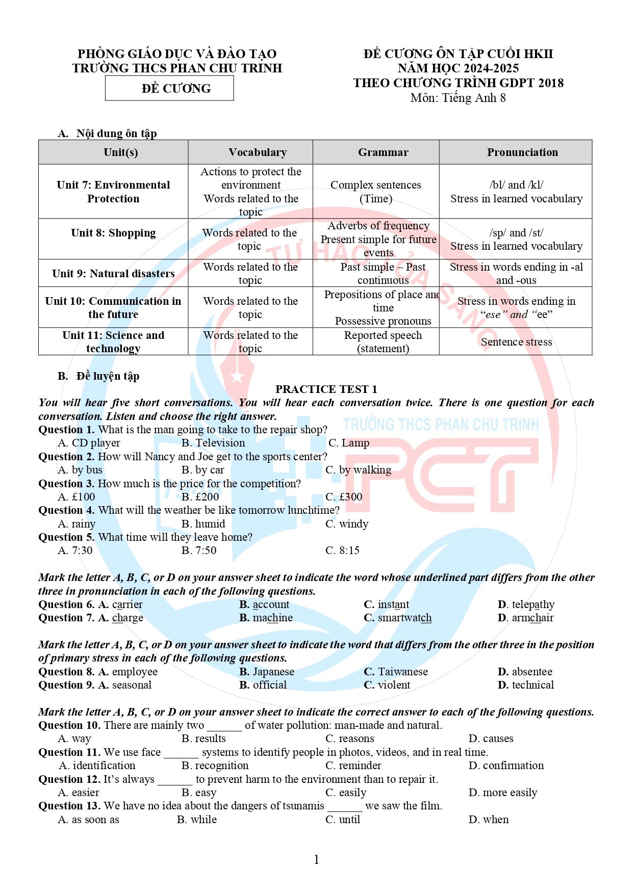 Đề cương ôn tập Học kì 2 Tiếng Anh 8 năm 2024–2025 trường THCS Phan Chu Trinh (Hà Nội)