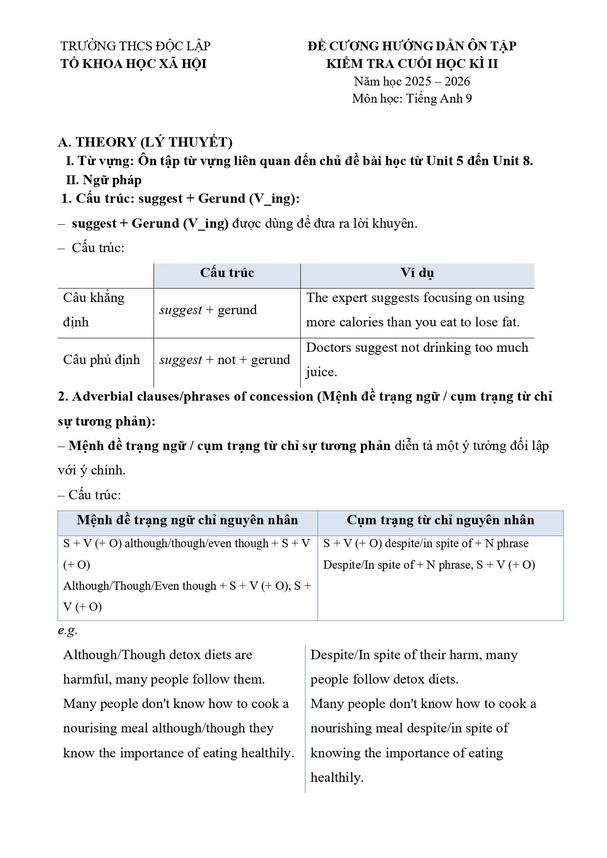 Đề cương ôn tập Học kì 2 Tiếng Anh 9 năm 2025–2026 trường THCS Độc Lập (Thái Nguyên)