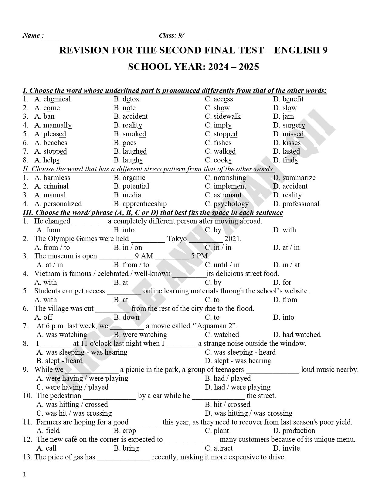 Đề cương ôn tập Học kì 2 Tiếng Anh 9 năm 2024–2025 trường THCS Lê Anh Xuân (TP Hồ Chí Minh)