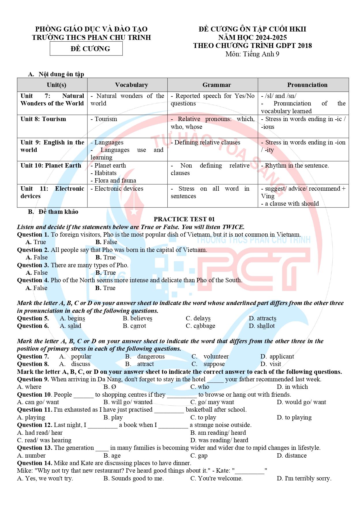 Đề cương ôn tập Học kì 2 Tiếng Anh 9 năm 2024–2025 trường THCS Phan Chu Trinh (Hà Nội)