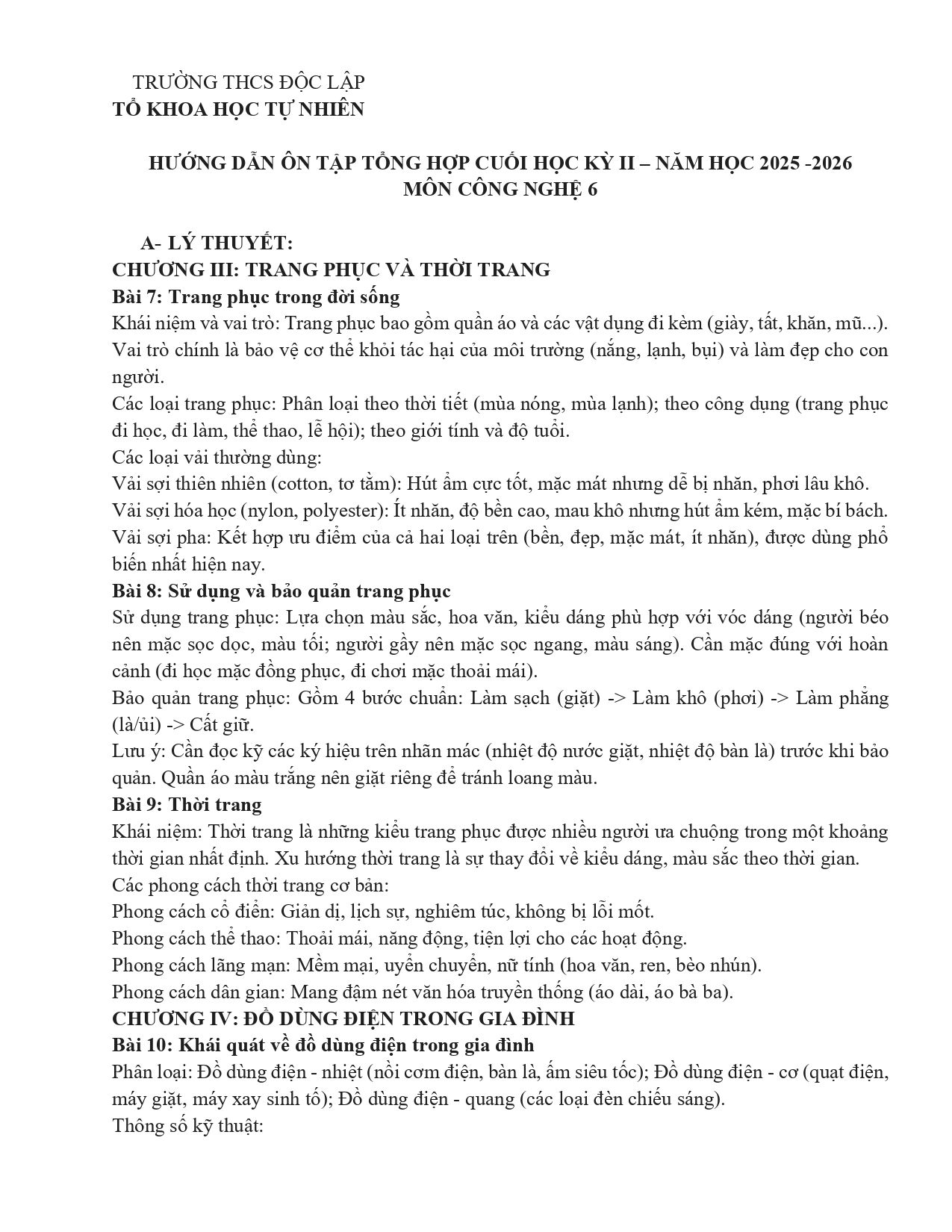 Đề cương ôn tập Học kì 2 Công nghệ 6 năm 2025–2026 trường THCS Độc Lập (Thái Nguyên)