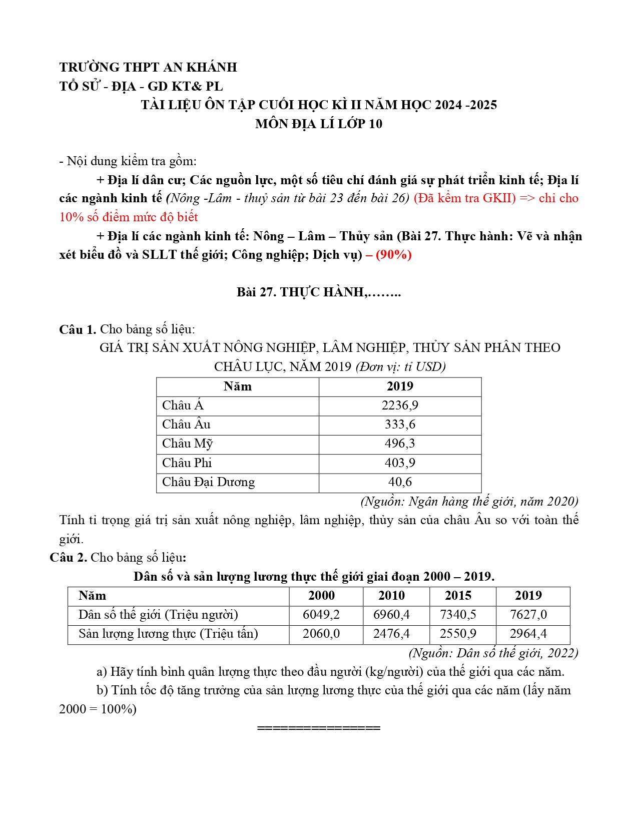 Đề cương ôn tập Học kì 2 Địa lí 10 năm 2024–2025 trường THPT An Khánh (Cần Thơ)