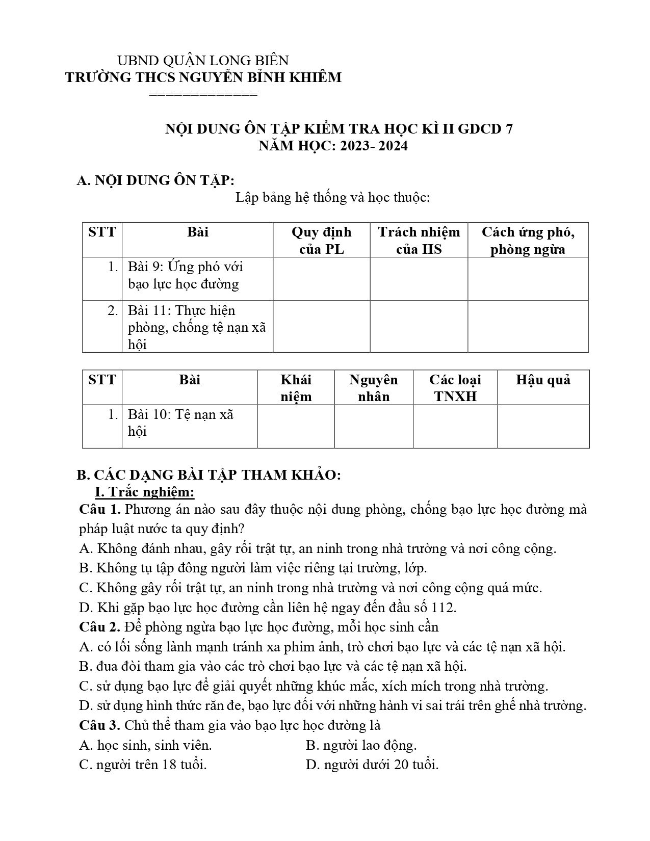 Đề cương ôn tập Học kì 2 GDCD 7 năm 2023–2024 trường THCS Nguyễn Bỉnh Khiêm (Hà Nội)