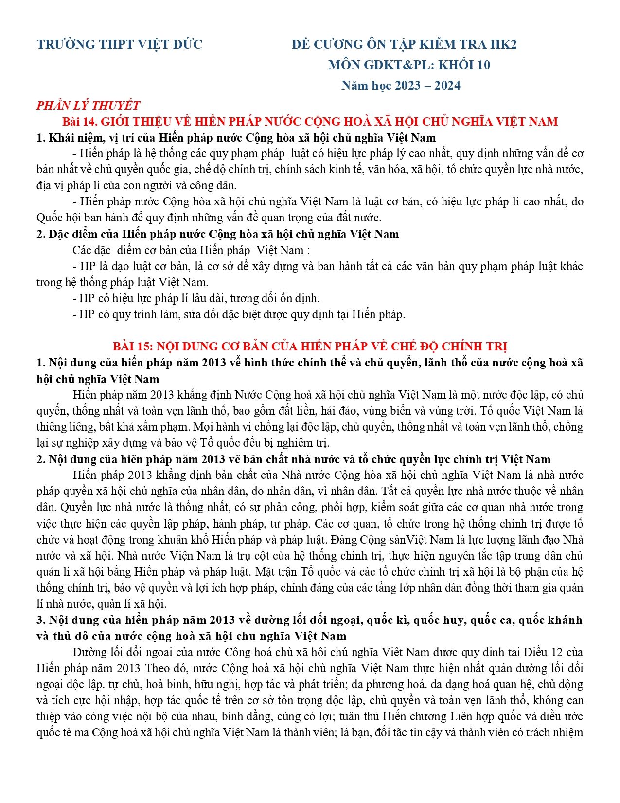Đề cương ôn tập Học kì 2 KTPL 10 năm 2023–2024 trường THPT Việt Đức (Hà Nội)