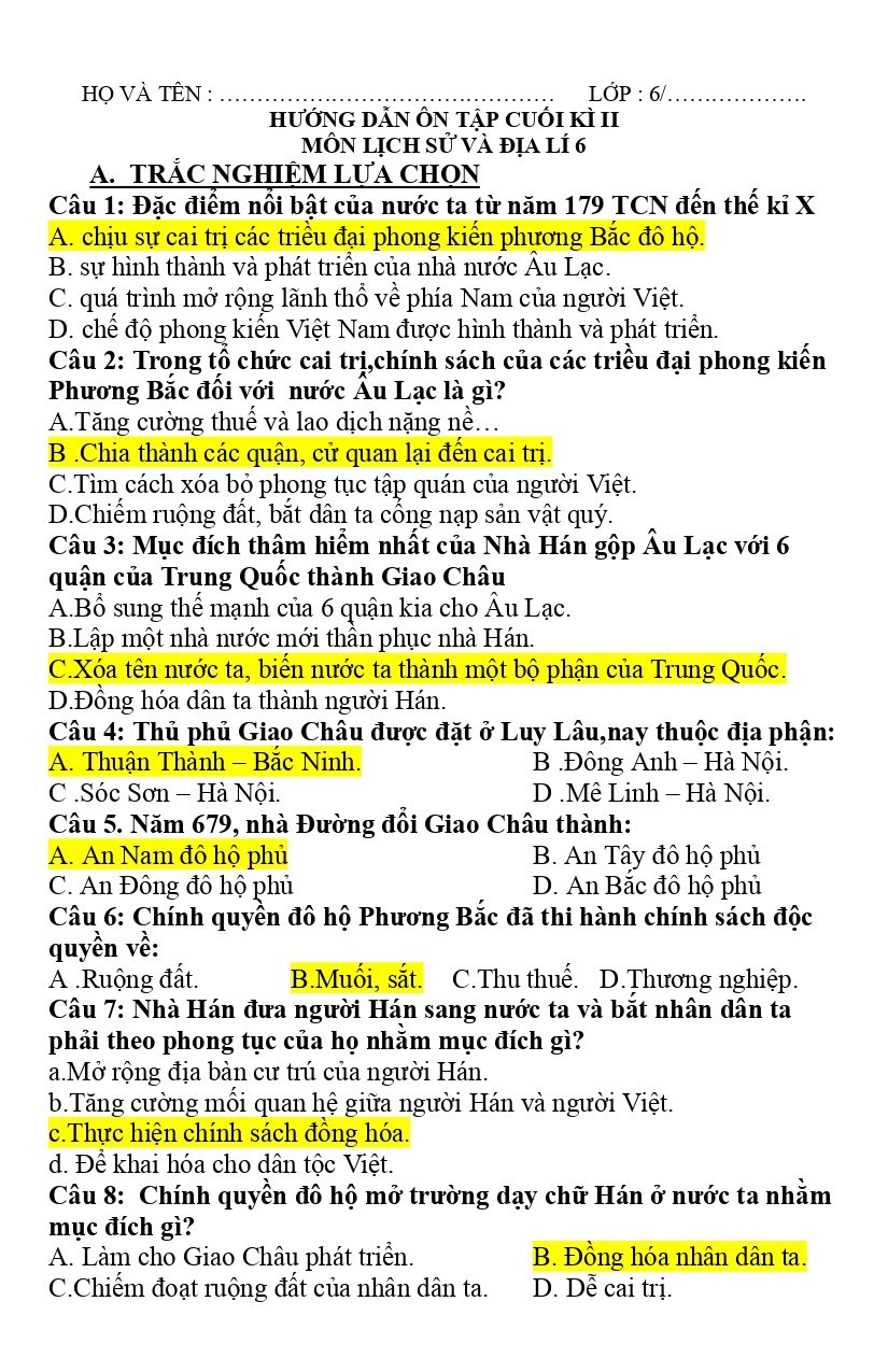 Đề cương ôn tập Học kì 2 Lịch sử và Địa lí 6 năm 2025–2026 trường THCS Minh Đức (TP Hồ Chí Minh)
