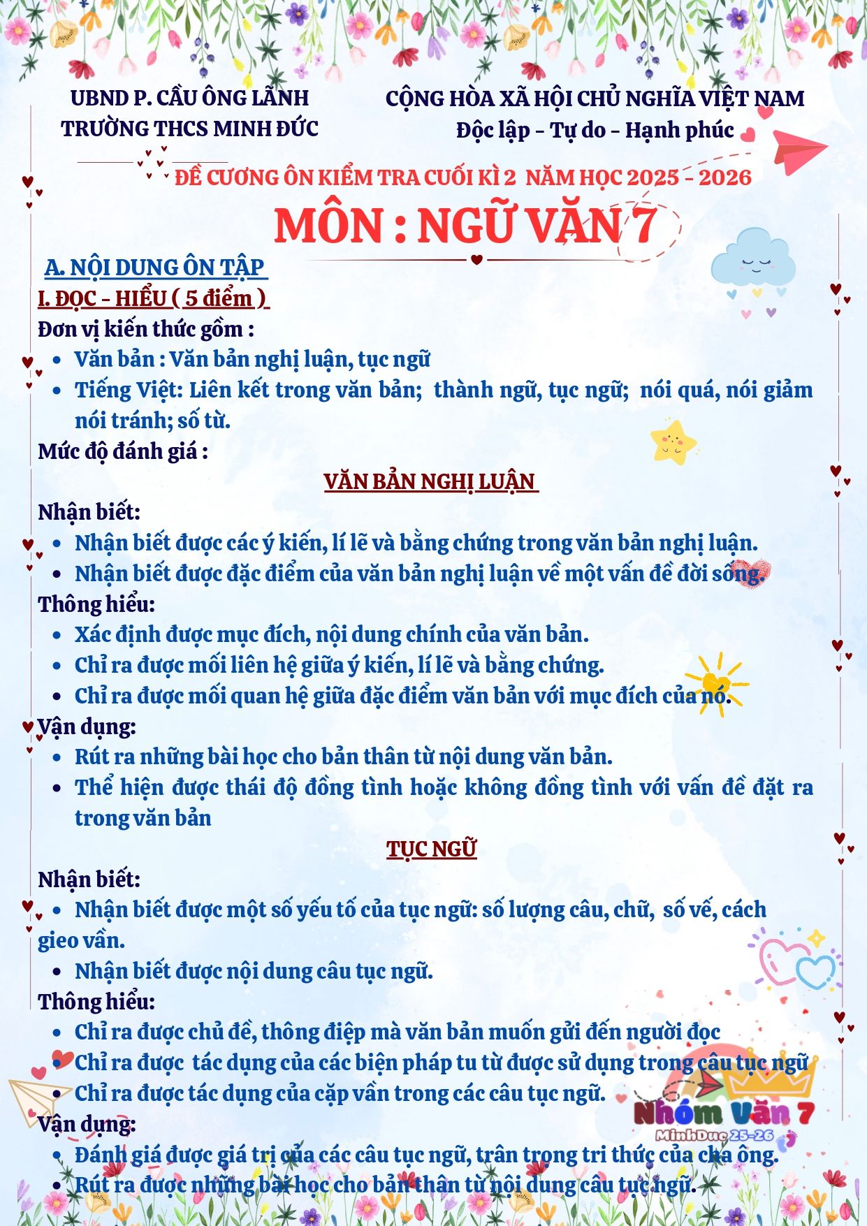 Đề cương ôn tập Học kì 2 Ngữ văn 7 năm 2025–2026 trường THCS Minh Đức (TP Hồ Chí Minh)