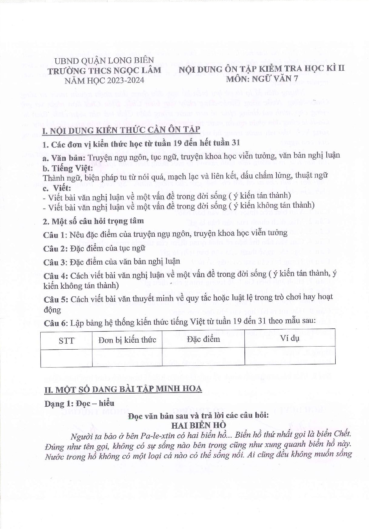 Đề cương ôn tập Học kì 2 Ngữ văn 7 năm 2023–2024 trường THCS Ngọc Lâm (Hà Nội)