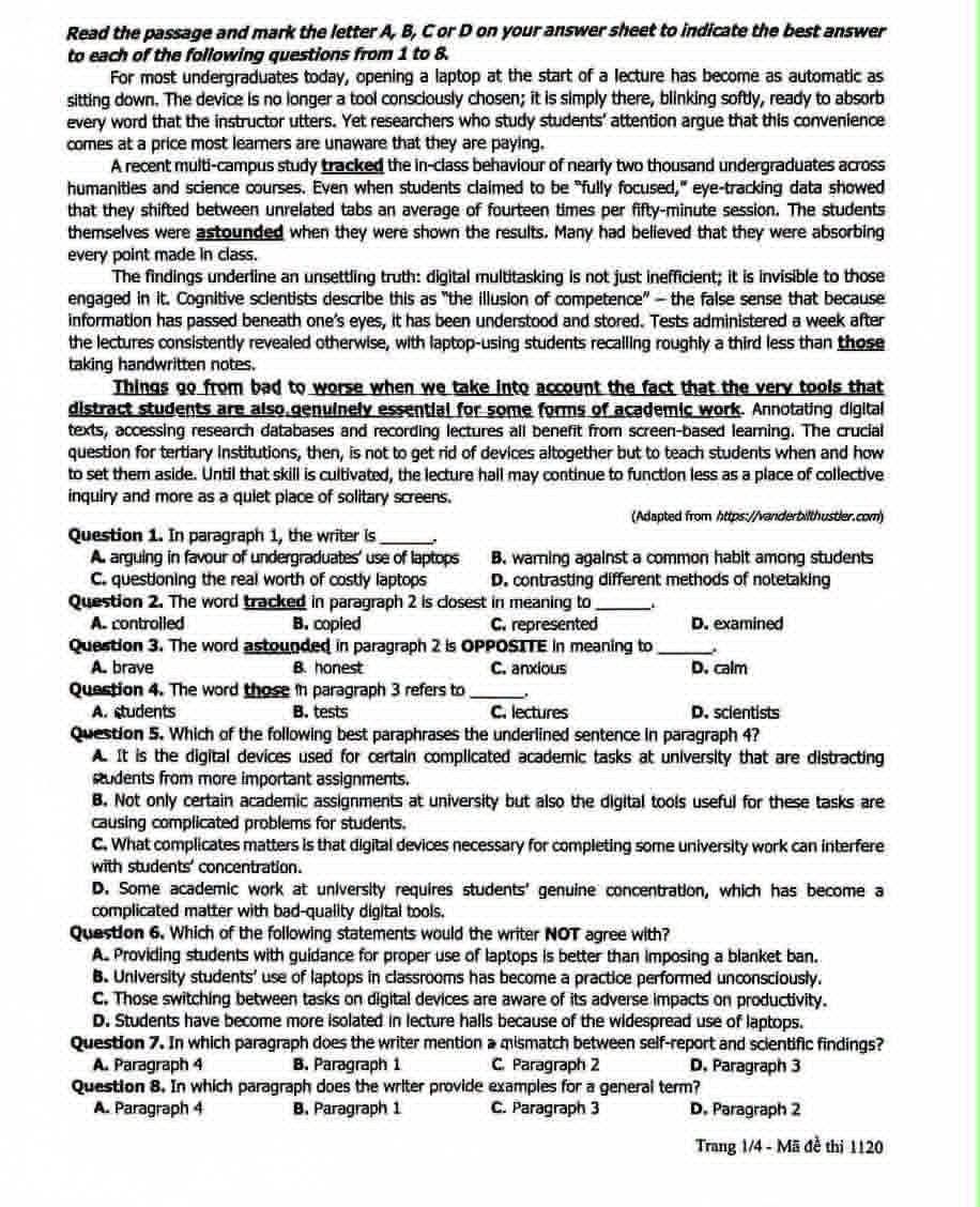 Đề chính thức Tiếng Anh năm 2026 Tốt nghiệp THPT (Mã đề 1120) (Có đáp án)