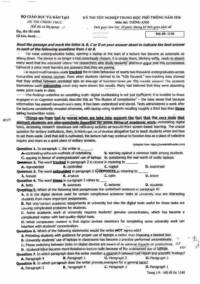 Đề chính thức Tiếng Anh năm 2026 Tốt nghiệp THPT (Mã đề 1140) (Có đáp án)