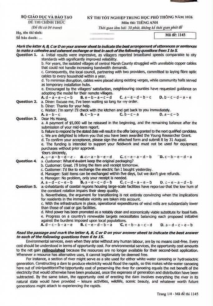Đề chính thức Tiếng Anh năm 2026 Tốt nghiệp THPT (Mã đề 1145) (Có đáp án)