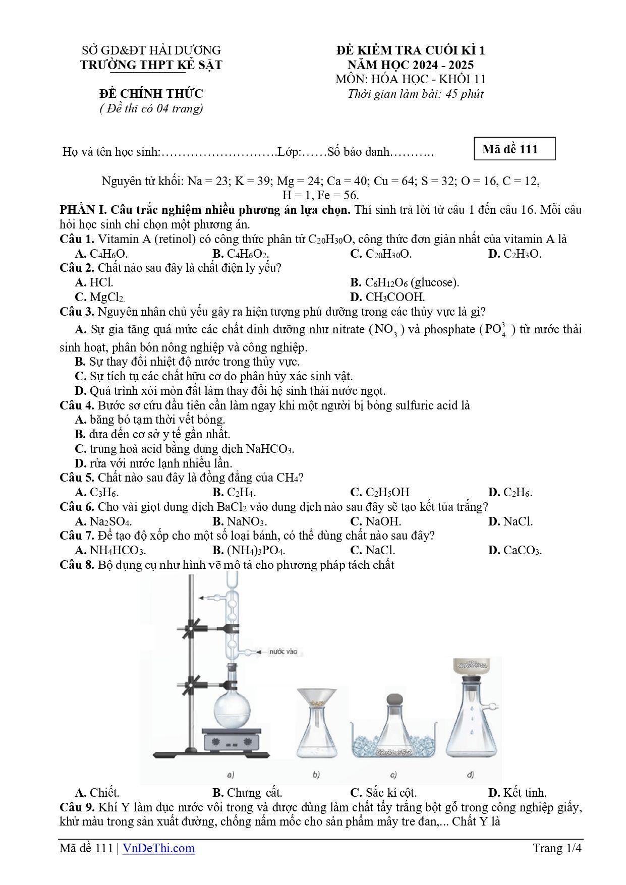 Đề thi Học kì 1 Hóa học 11 năm 2024-2025 trường THPT Kẻ Sặt (Hải Dương)