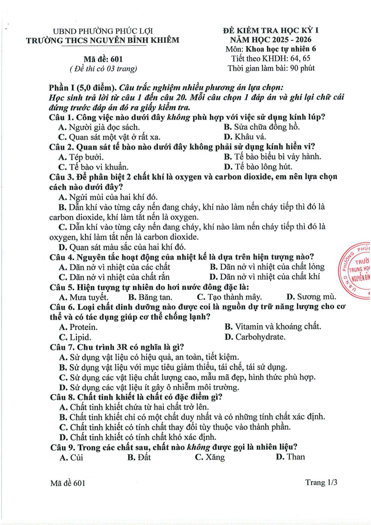 Đề thi Học kì 1 KHTN 6 năm 2025 - 2026 trường THCS Nguyễn Bỉnh Khiêm (Hà Nội)