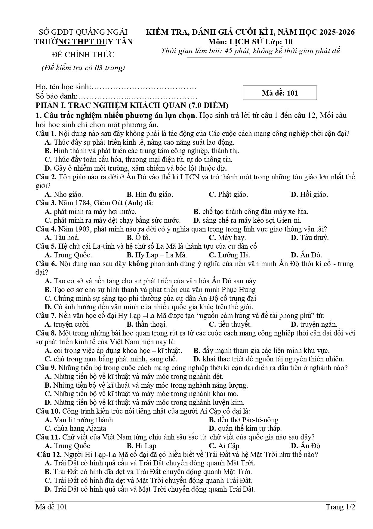 Đề thi Học kì 1 Lịch sử 10 năm 2025 - 2026 trường THPT Duy Tân (Quảng Ngãi)