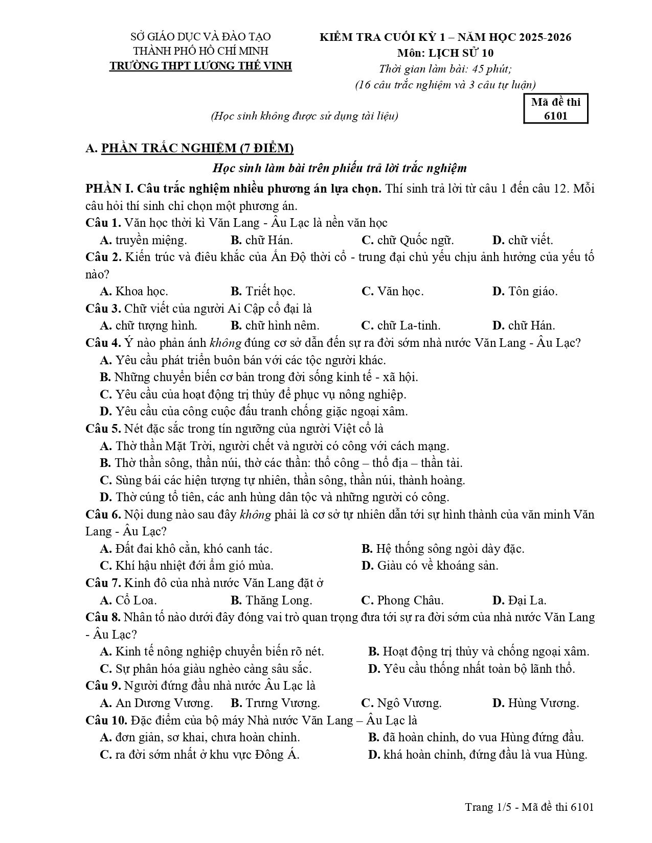 Đề thi Học kì 1 Lịch sử 10 năm 2025 - 2026 trường THPT Lương Thế Vinh (TP Hồ Chí Minh)