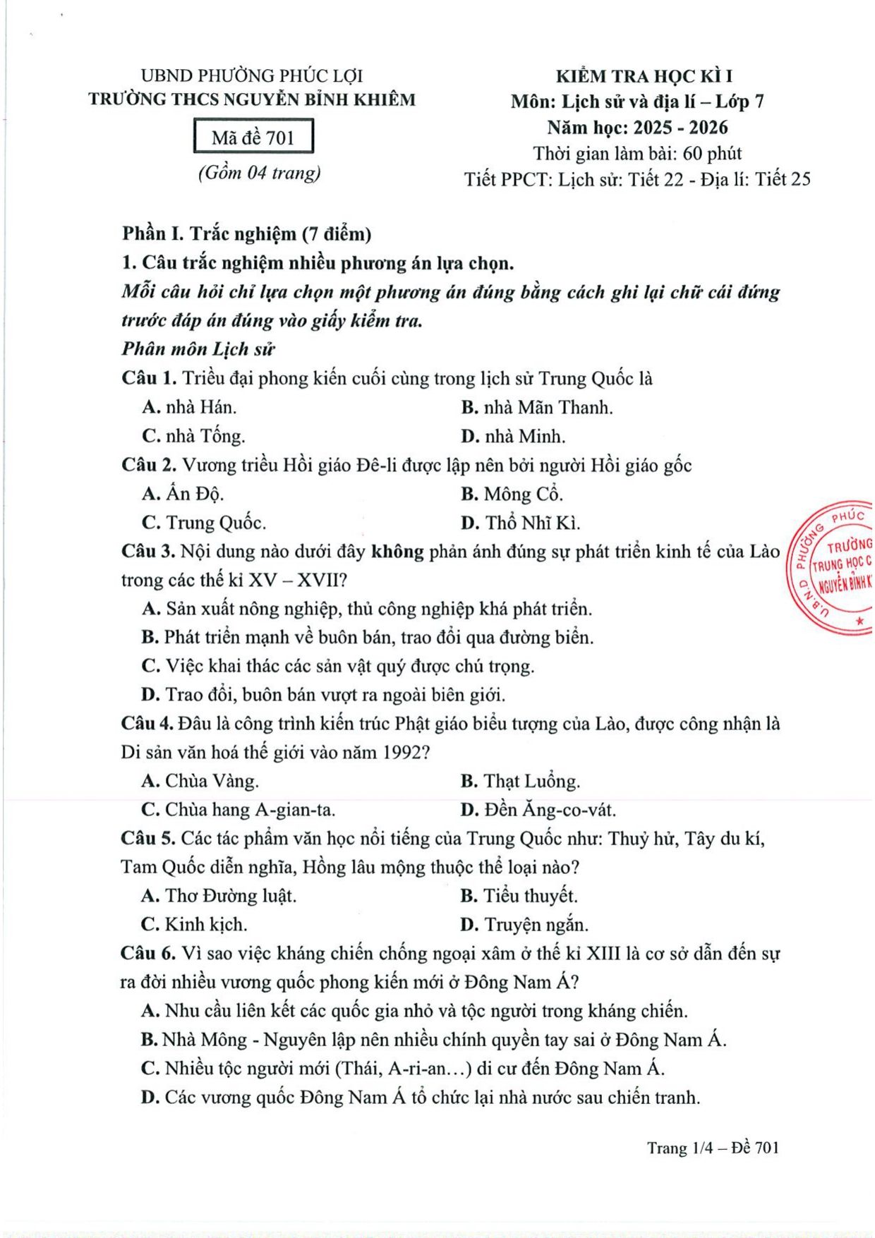 Đề thi Học kì 1 Lịch sử và Địa lí 7 năm 2025 - 2026 trường THCS Nguyễn Bỉnh Khiêm (Hà Nội)