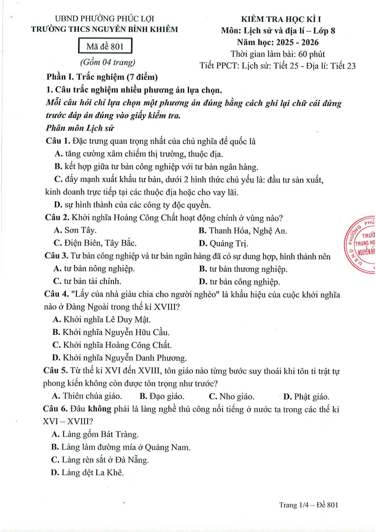 Đề thi Học kì 1 Lịch sử và Địa lí 8 năm 2025 - 2026 trường THCS Nguyễn Bỉnh Khiêm (Hà Nội)