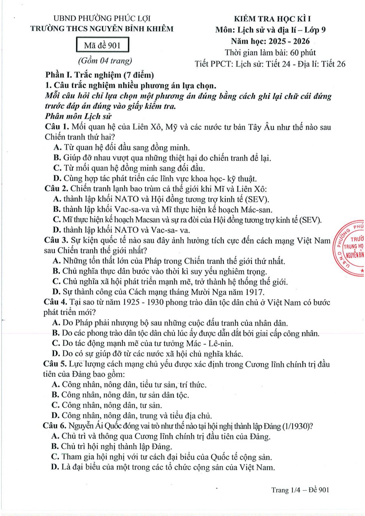 Đề thi Học kì 1 Lịch sử và Địa lí 9 năm 2025 - 2026 trường THCS Nguyễn Bỉnh Khiêm (Hà Nội)