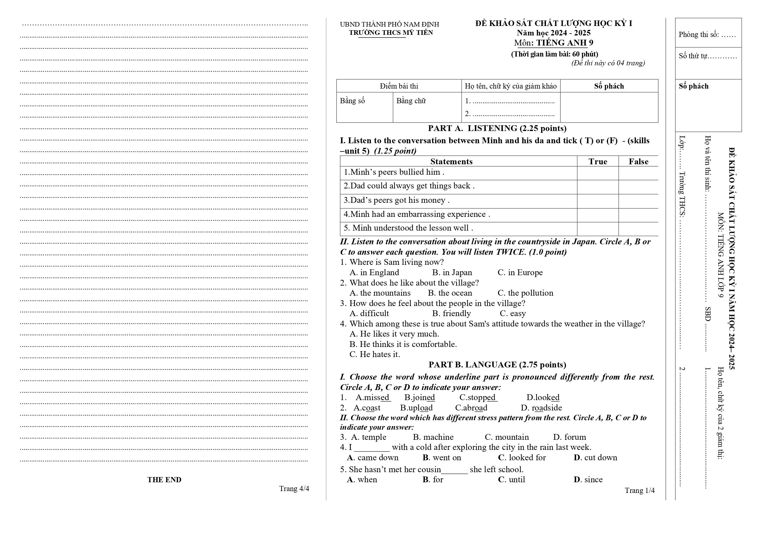 Đề thi Học kì 1 Tiếng Anh 9 năm 2024 - 2025 trường THCS Mỹ Tiến (Nam Định)