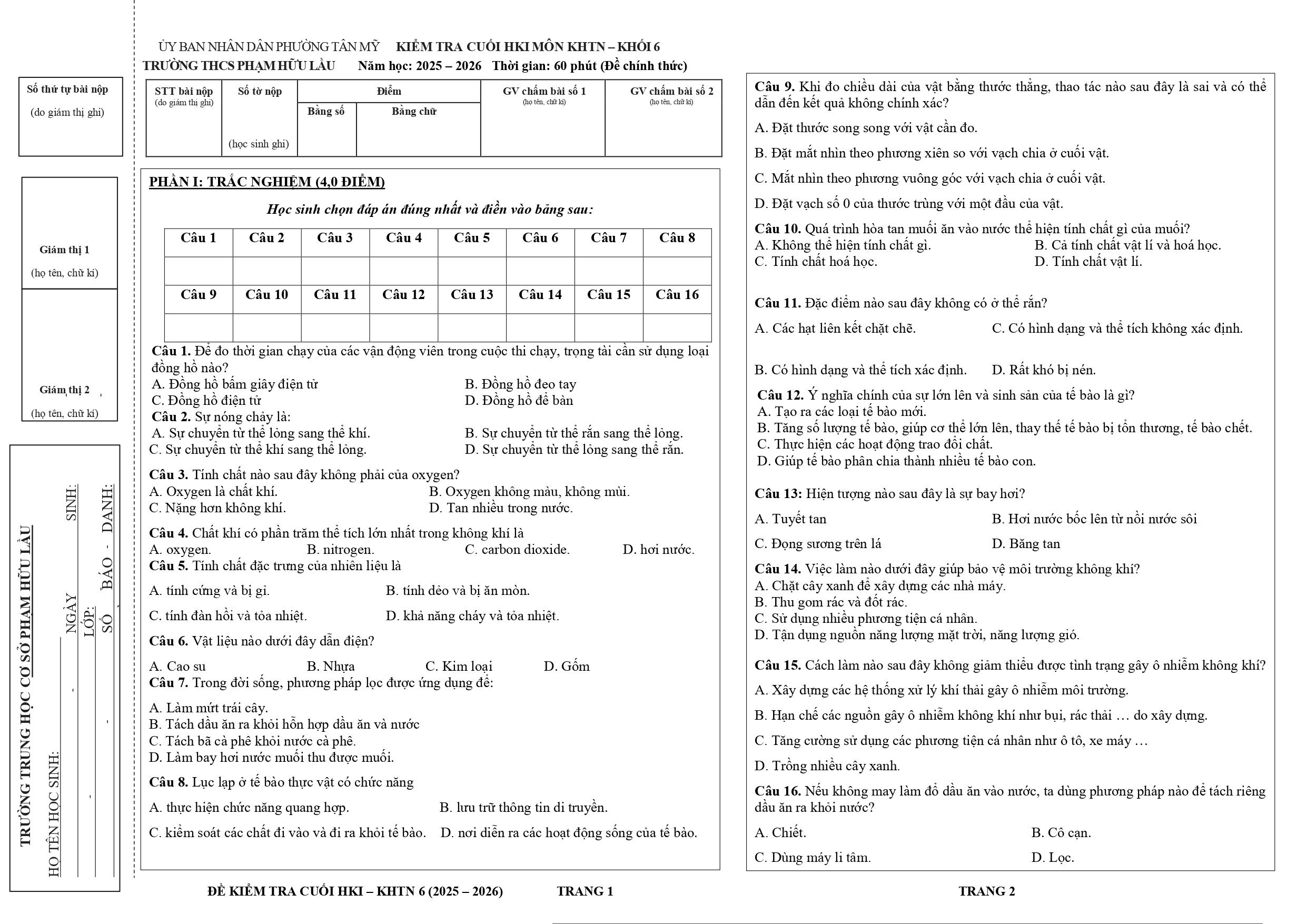 Đề thi Học kì 1 KHTN 6 năm 2025 - 2026 trường THCS Phạm Hữu Lầu (TP Hồ Chí Minh)