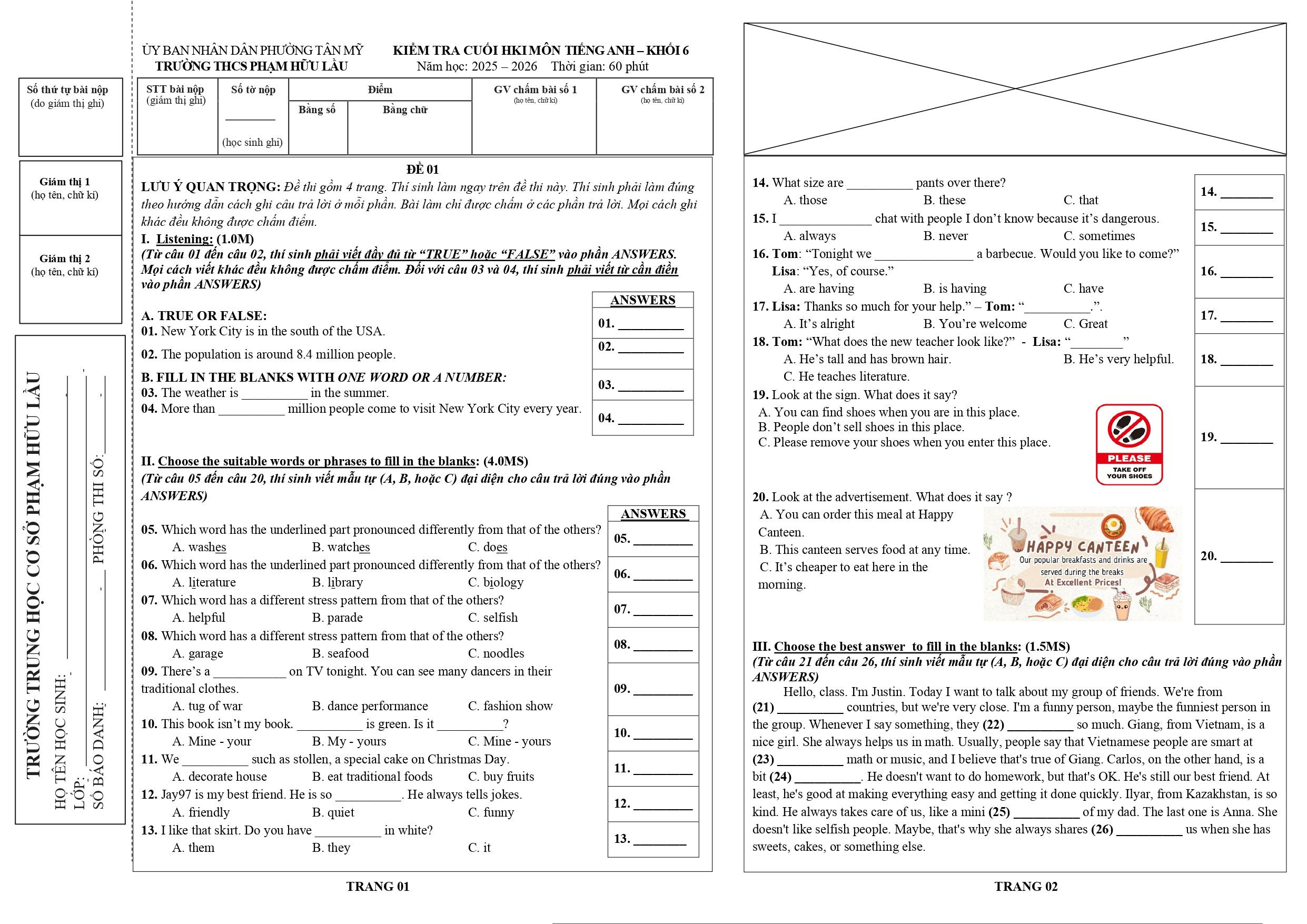 Đề thi Học kì 1 Tiếng Anh 6 năm 2025 - 2026 trường THCS Phạm Hữu Lầu (TP Hồ Chí Minh)