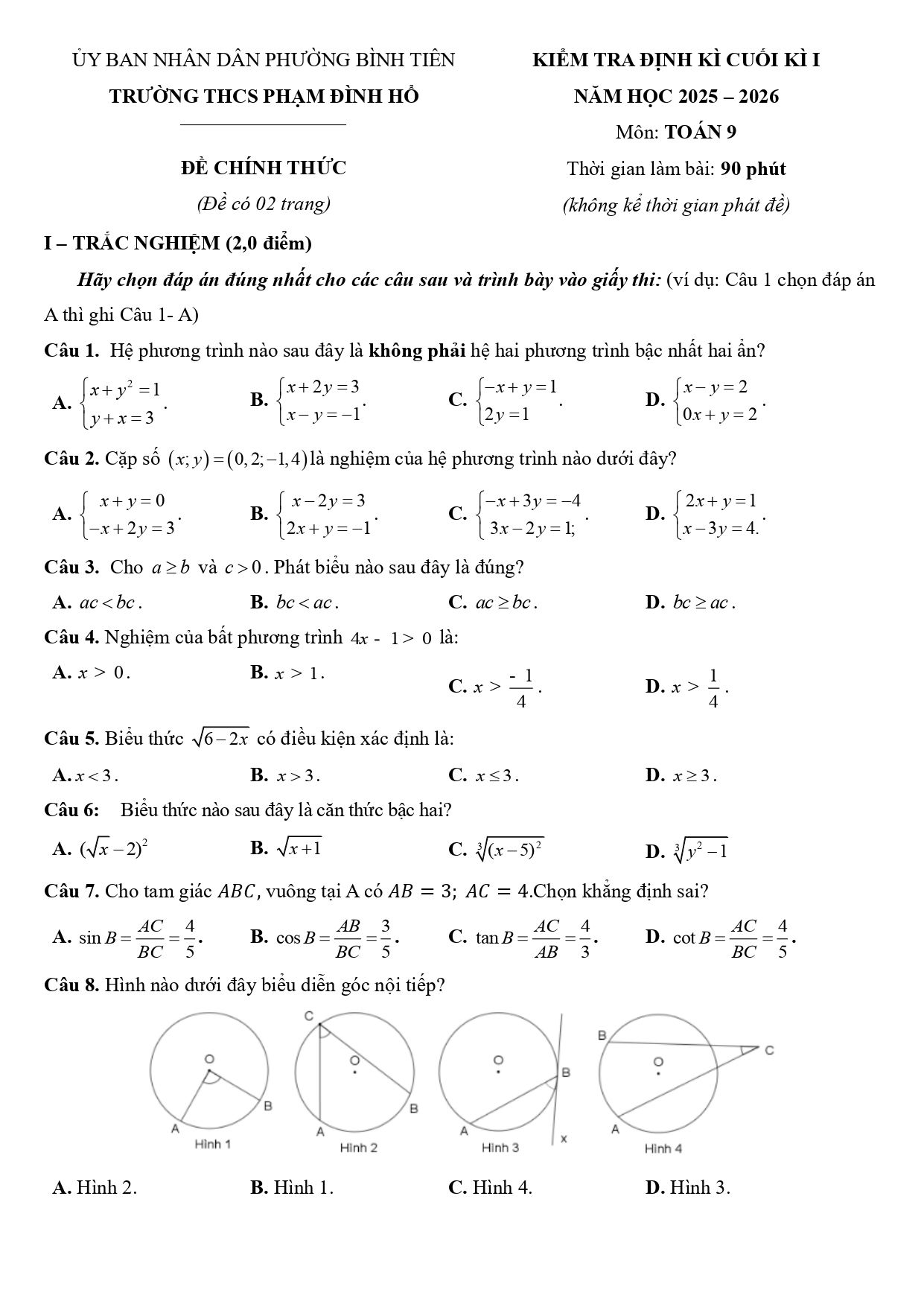Đề thi Học kì 1 Toán 9 năm 2025 - 2026 trường THCS Phạm Đình Hổ (TP Hồ Chí Minh)