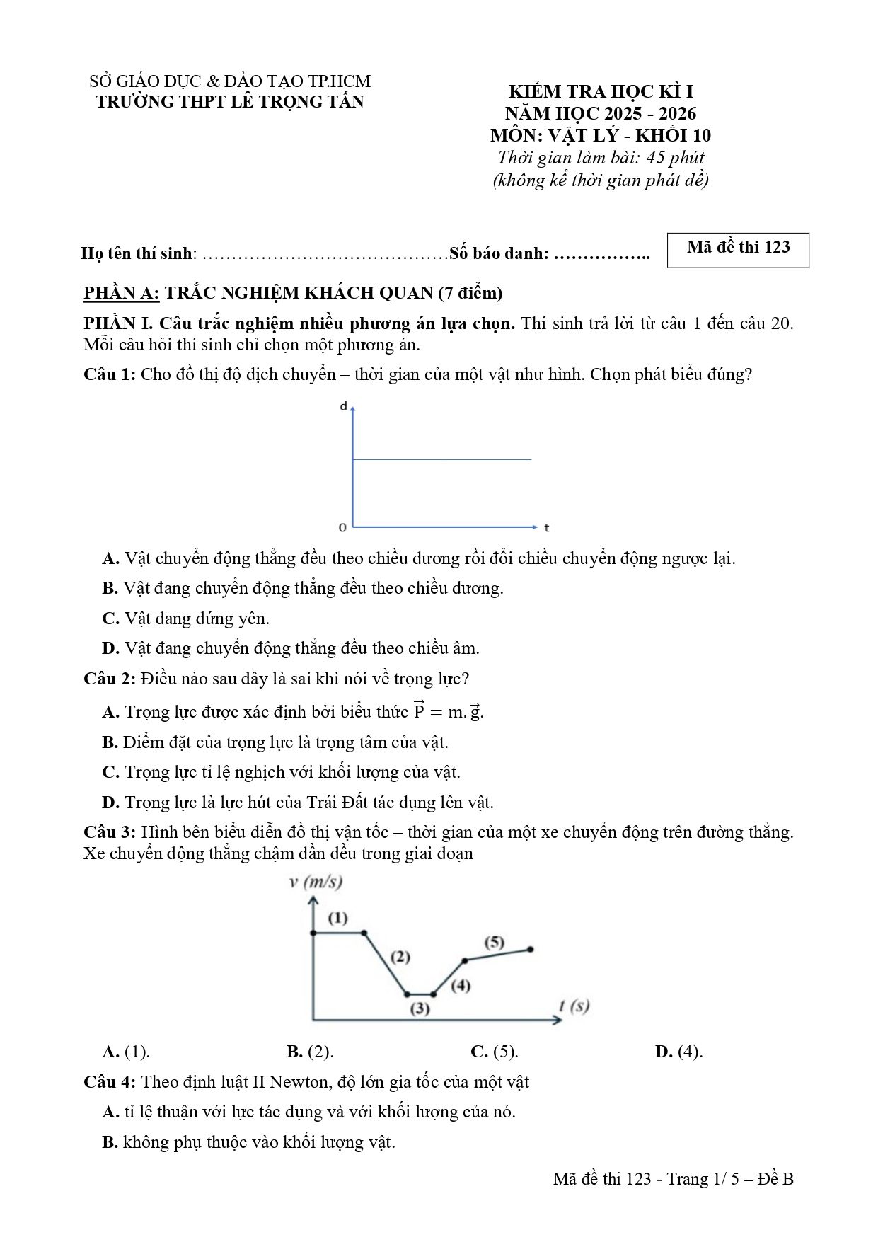 Đề thi Học kì 1 Vật lí 10 năm 2025 - 2026 trường THPT Lê Trọng Tấn (TP Hồ Chí Minh)