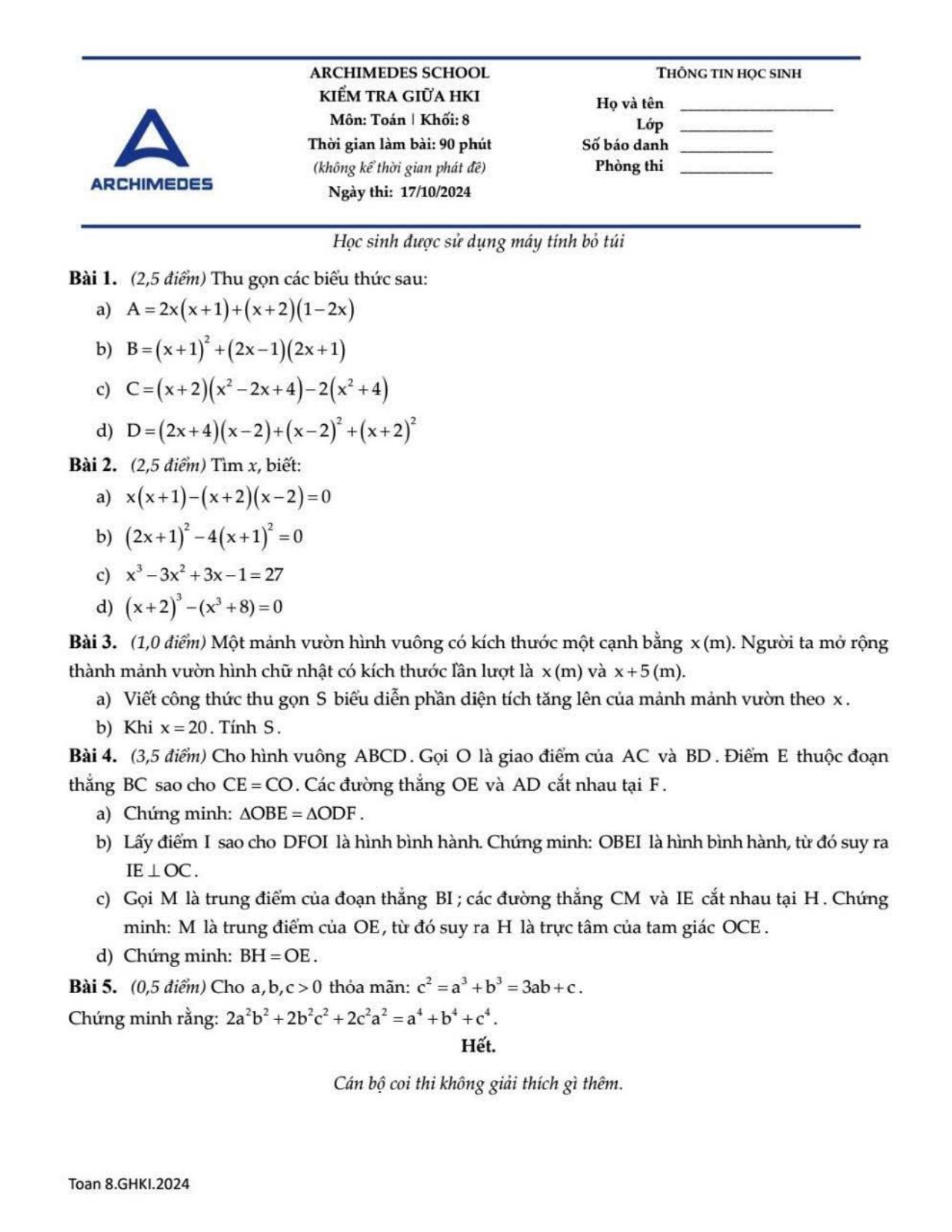 Đề thi Giữa kì 1 Toán 8 năm 2024 - 2025 trường Archimedes School (Hà Nội)