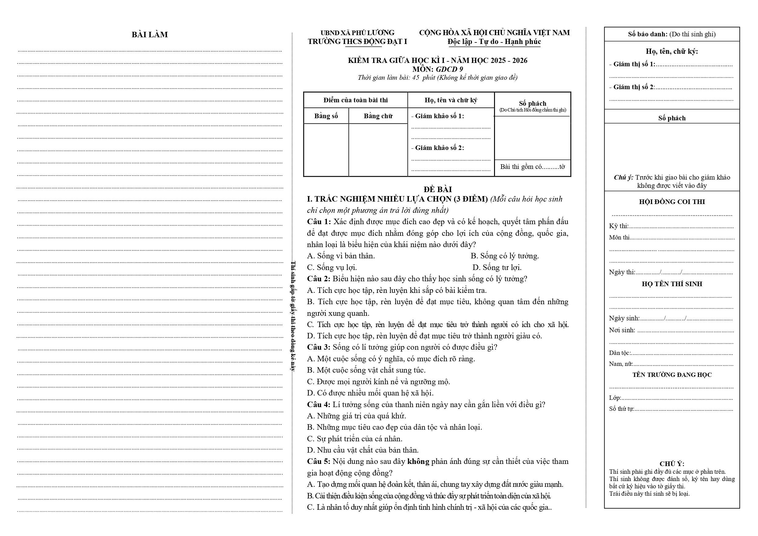 Đề thi Giữa kì 1 GDCD 9 năm 2025 - 2026 trường THCS Động Đạt I (Thái Nguyên)