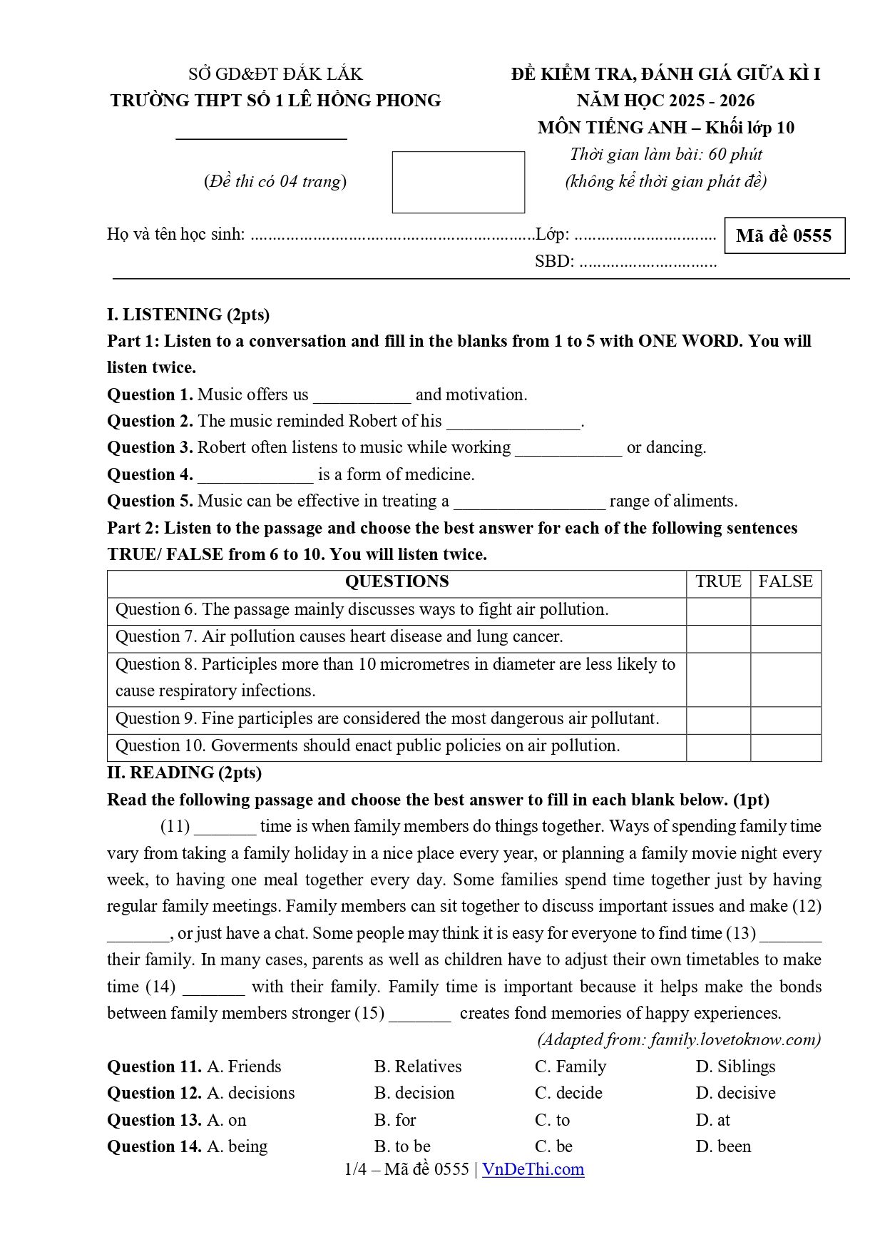 Đề thi Giữa kì 1 Tiếng Anh 10 năm 2025 - 2026 trường THPT Số 1 Lê Hồng Phong (Đắk Lắk)