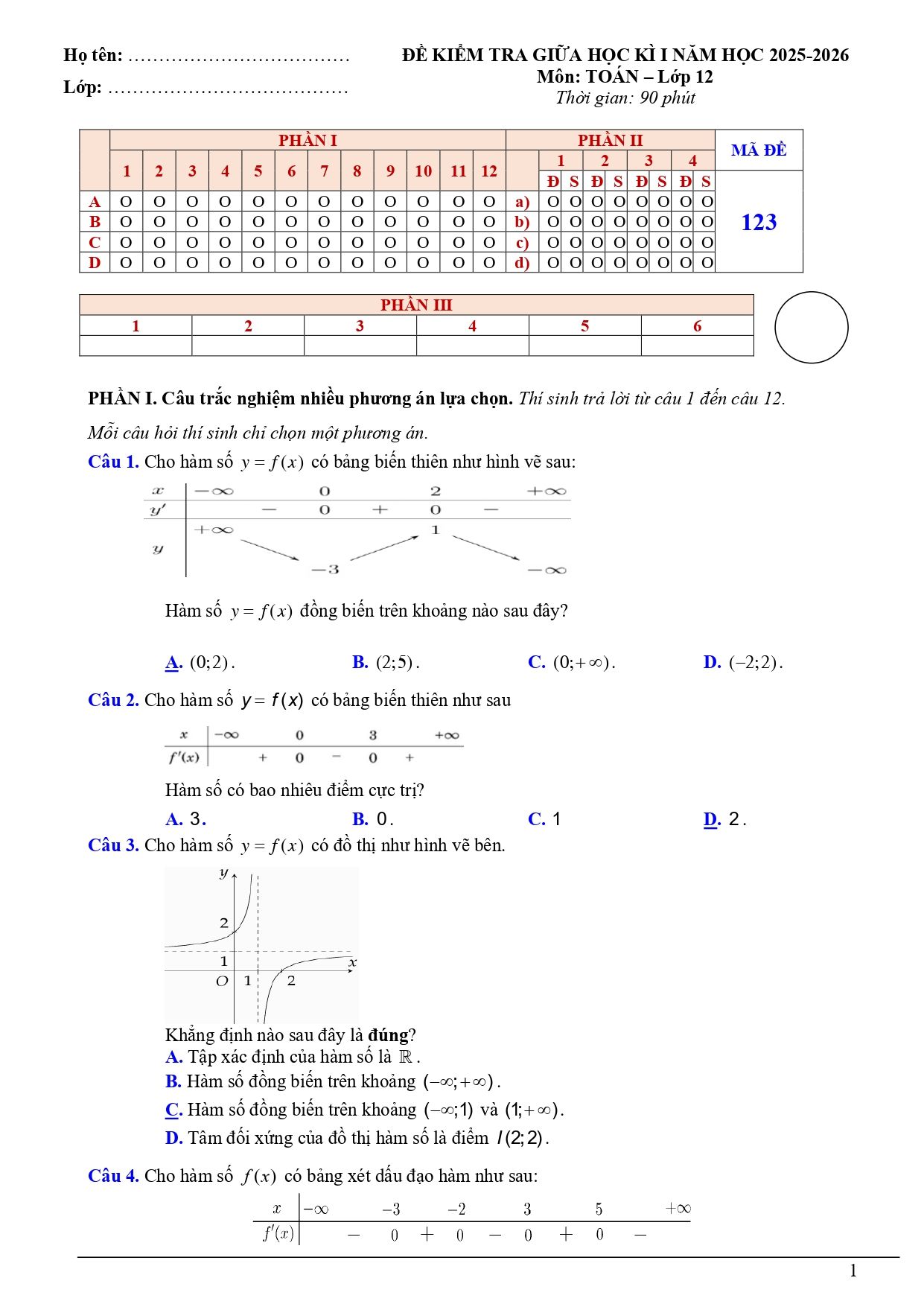Đề thi Giữa kì 1 Toán 12 năm 2025 - 2026 trường THCS&THPT Trưng Vương (Vĩnh Long)