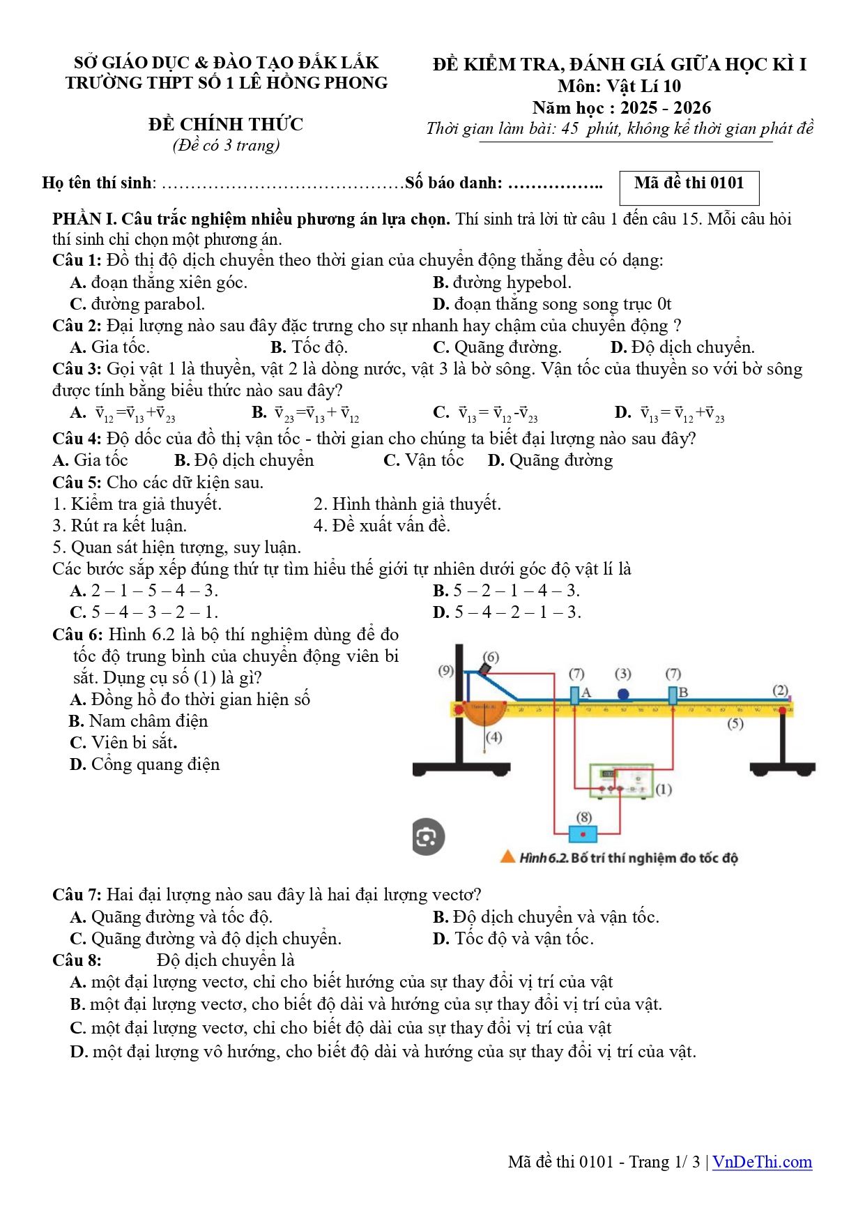 Đề thi Giữa kì 1 Vật lí 10 năm 2025 - 2026 trường THPT Số 1 Lê Hồng Phong (Đắk Lắk)