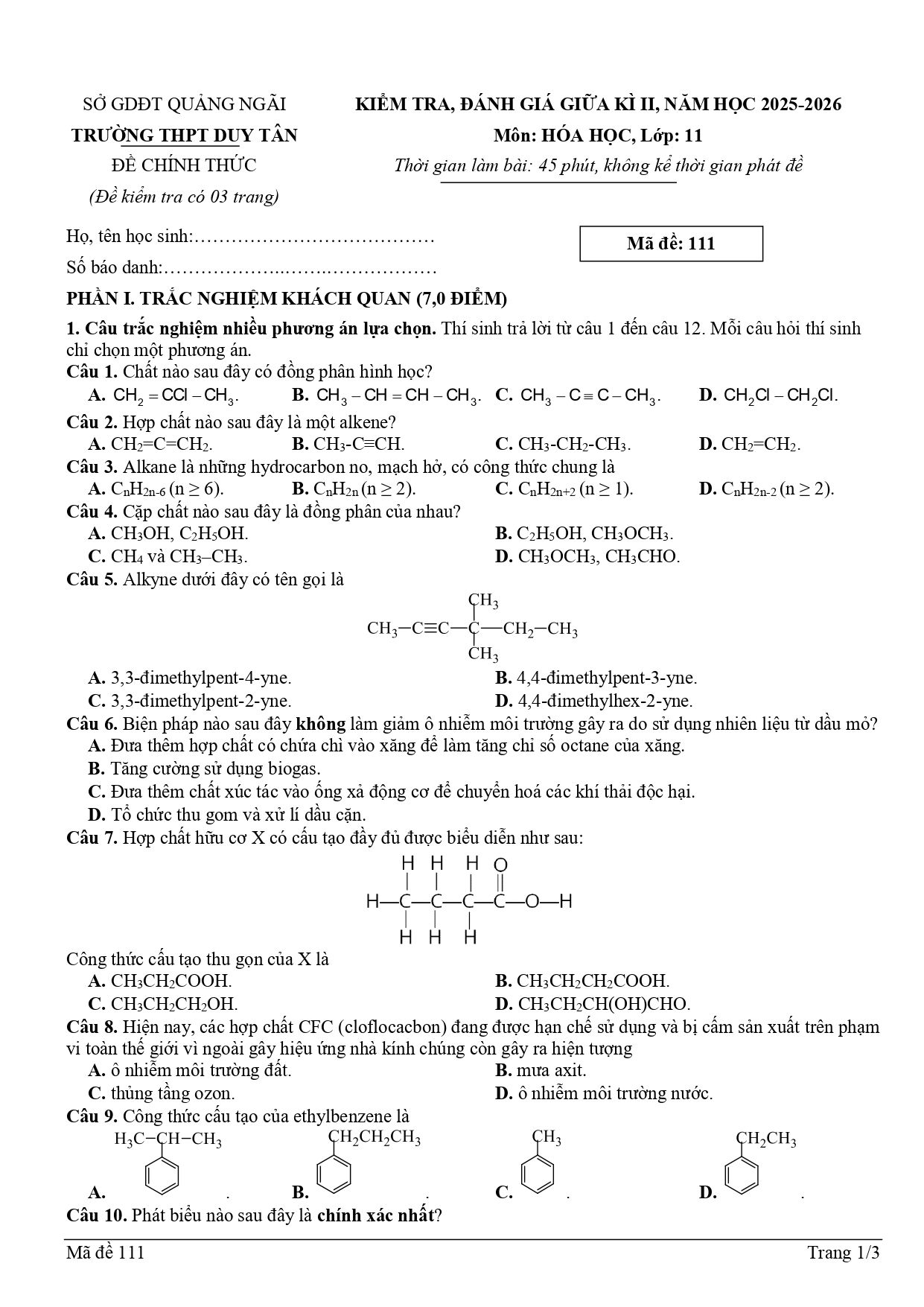 Đề thi Giữa kì 2 Hóa học 11 năm 2025-2026 trường THPT Duy Tân (Quảng Ngãi)